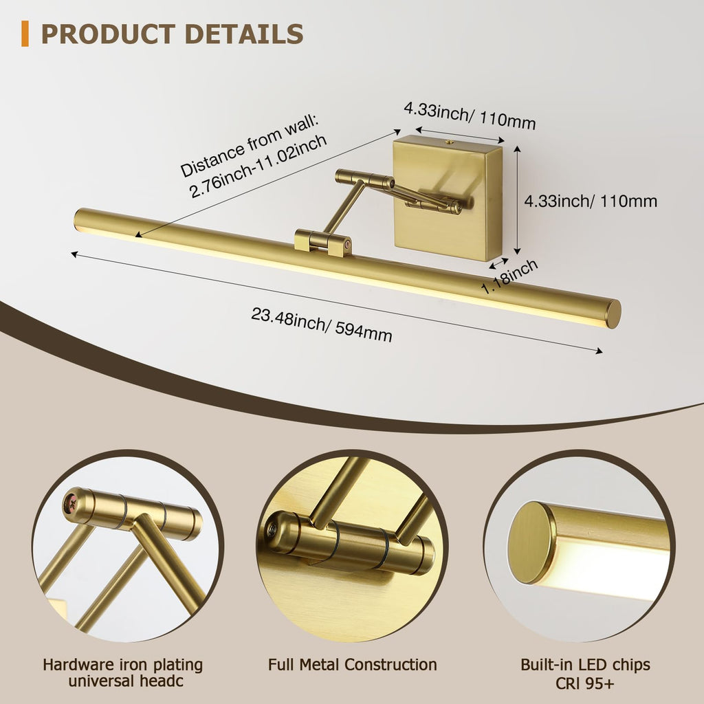 Joossnwell LED Picture Lights for Paintings Dimmable 15.5 Inch Long Hard-Wired Picture Frame Lights Brass Gallery Wall Light with Adjustable Swing Arm Art Display Lamps 7W 3000K Warm White