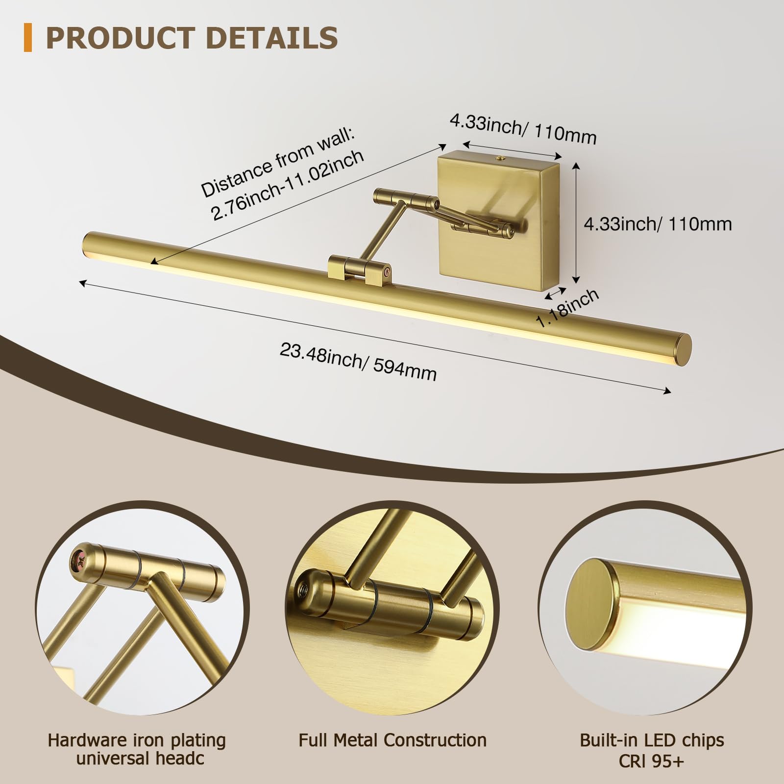 Joossnwell LED Picture Lights for Paintings Dimmable 15.5 Inch Long Hard-Wired Picture Frame Lights Brass Gallery Wall Light with Adjustable Swing Arm Art Display Lamps 7W 3000K Warm White