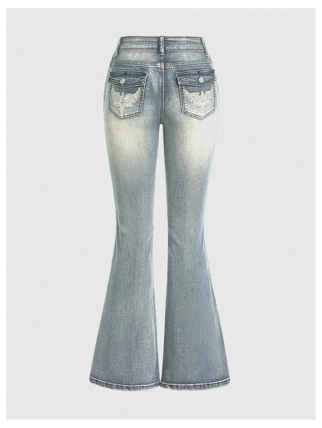 MakeMeChic Women's Bell Bottom Jeans Stretchy Flared Jeans Embroidered Y2K High Waist Denim Pants