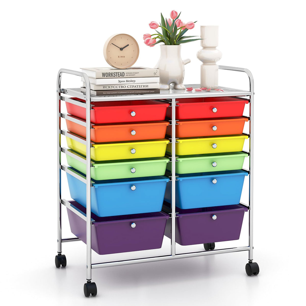 LDAILY 9 Drawer Rolling Storage Cart, Rolling Cart with Drawers for Classroom, Art Supply Craft Organizer on Wheel with Metal Frame & Handles for Home Office School