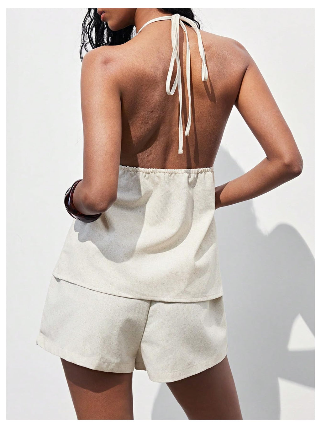 MakeMeChic Women's Linen Two Piece Set Summer Tie Front Halter Tops Linen Shorts Sets Beach Vacation Outfits