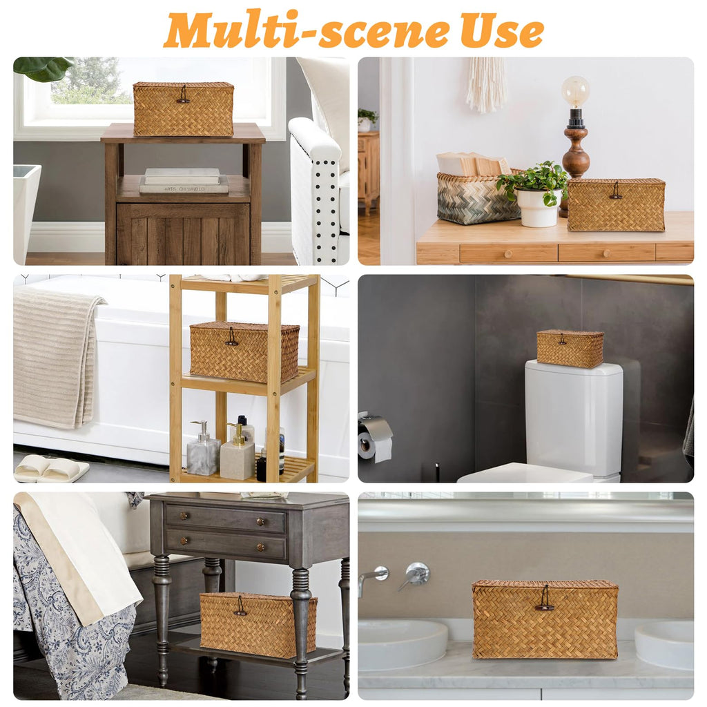 Sumnacon Wicker Basket with Lid Rectangle Woven Baskets for Toiletries Tampon Storage,Wicker Storage Basket with Lid,Decorative Seagrass Storage Baskets for Shelf Bathroom Toilet Table, Caramel