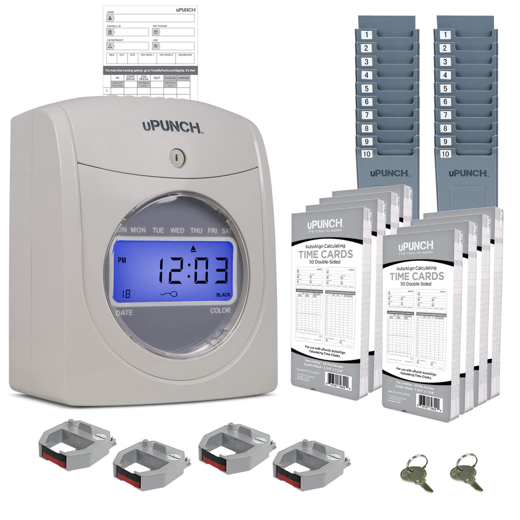 uPunch HN2500 Calculating Time Clock Bundle for Small Business: Auto Align Employee Time Tracking System with 100 Time Cards, Ribbon, and Keys