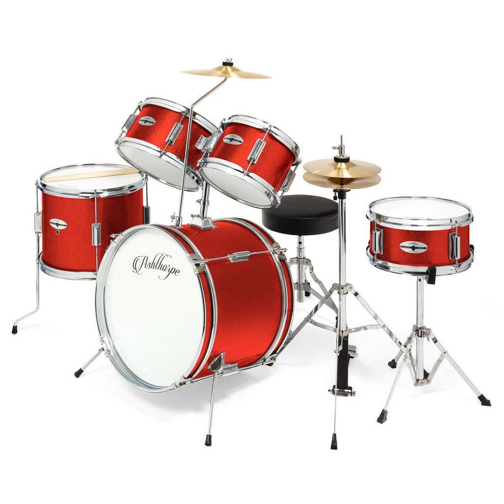 Ashthorpe 5-Piece Complete Kids Drum Set with Genuine Brass Cymbals - Junior Beginner Kit with 16" Bass, Throne, Hi-Hats, Pedals & Drumsticks - Black