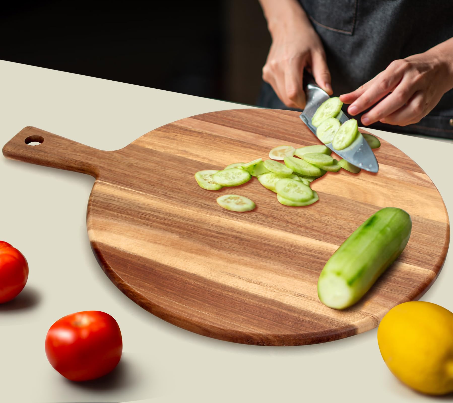 Acacia Wood Cutting Board with Handle Wooden Chopping Board Round Cutting Boards for Kitchen Decor Large Charcuterie Board Tray Teak Meat Cheese Board Bread Serving Platter Butcher Block Pizza Board