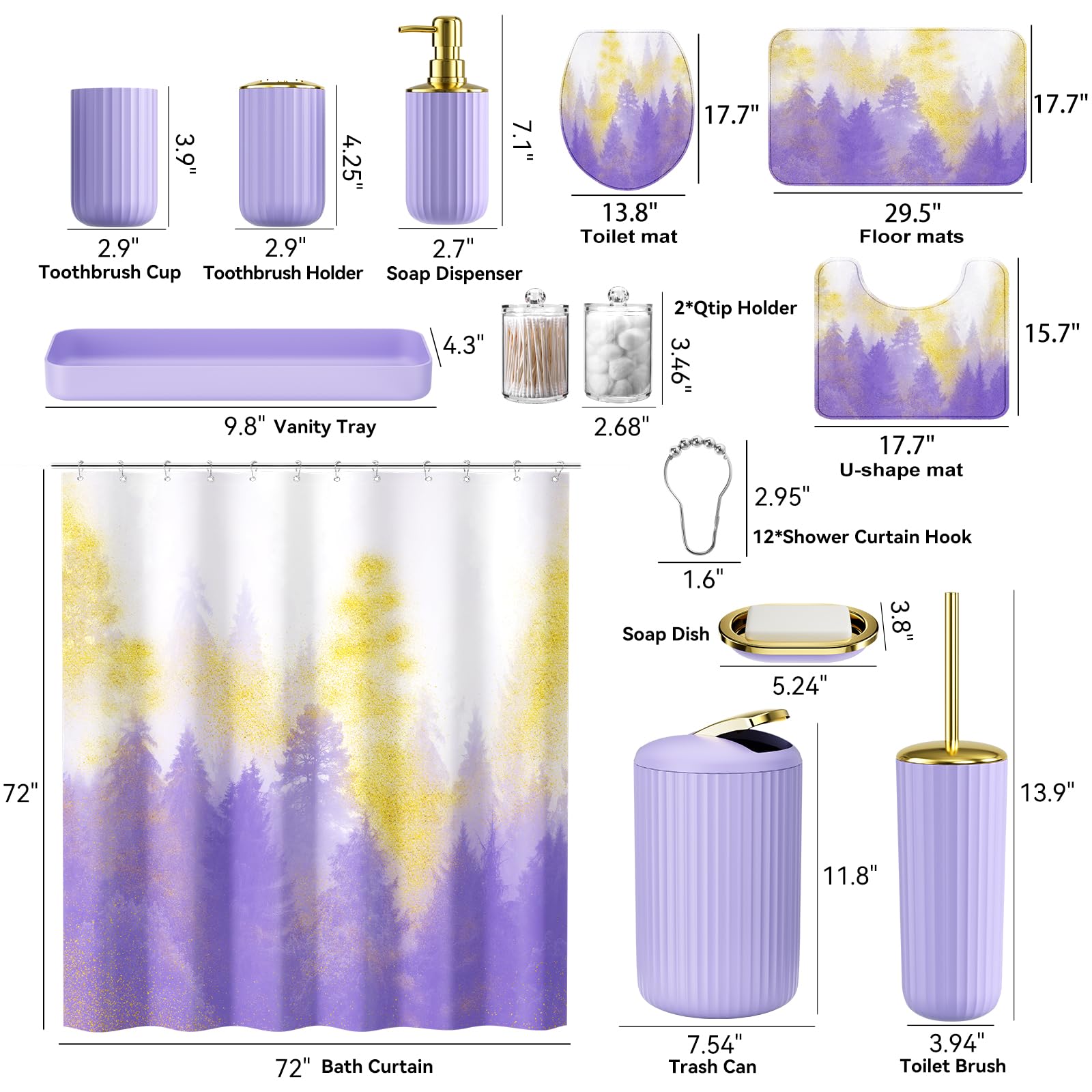 XLHOMO 24 PCS Black Bathroom Accessories Set with Shower Curtain and Rugs, Bathroom Decor Set with Trash Can, Toilet Brush, Soap Dispenser, Toothbrush Holder, Tumbler, Soap Dish and Jars