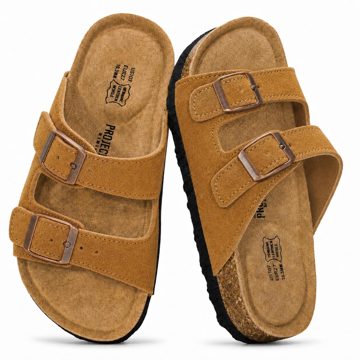 Project Cloud Kids Sandals 100% Genuine Leather - Natural Cork Footbed Non-Slip Slides for Kids - Lightweight Boys & Girls Sandals - Water-Resistant Girls & Boys Sandals