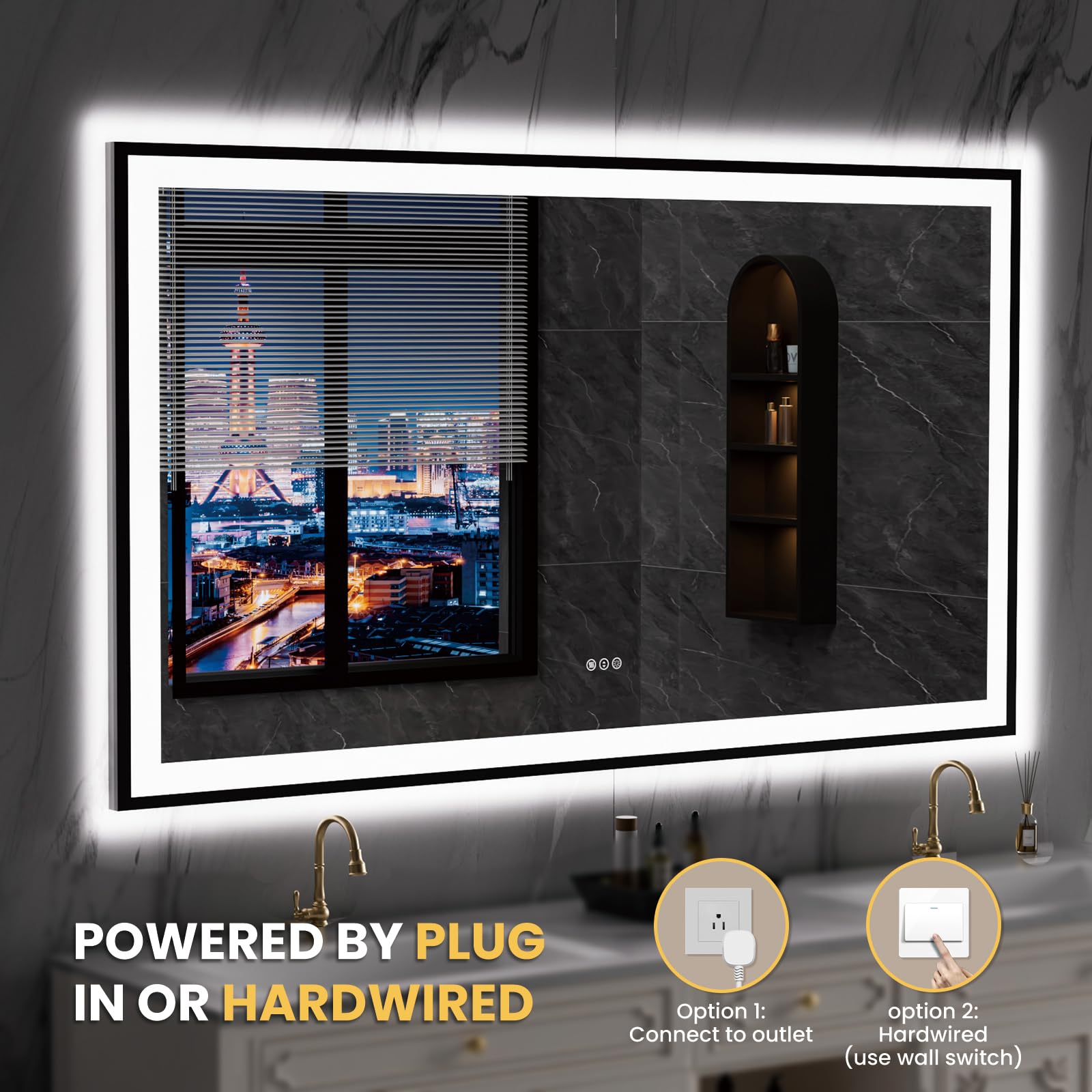 LOAAO 20"X28" LED Bathroom Mirror Black Framed | Anti-Fog, Dimmable, Memory Function, Tempered Glass, Lighted Vanity Mirror for Wall