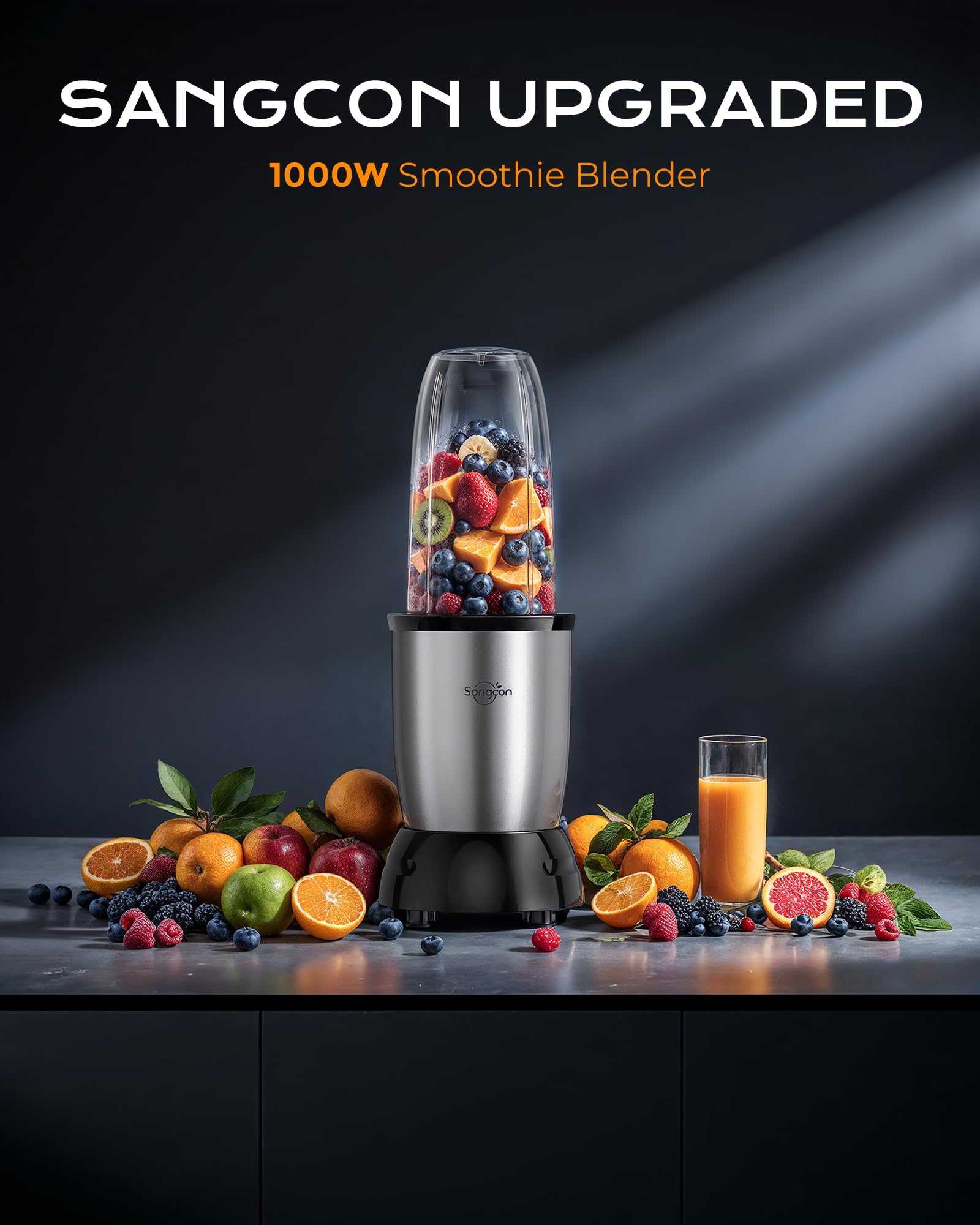 Sangcon 1000W Smoothie Blender for Kitchen, Blenders for Smoothies with (3) Cups (2) Spout Covers (1) Storage Cap (1) To-Go Cap, Portable Blender for Shakes, Ice Crushing, Frozen Drinks, Spices