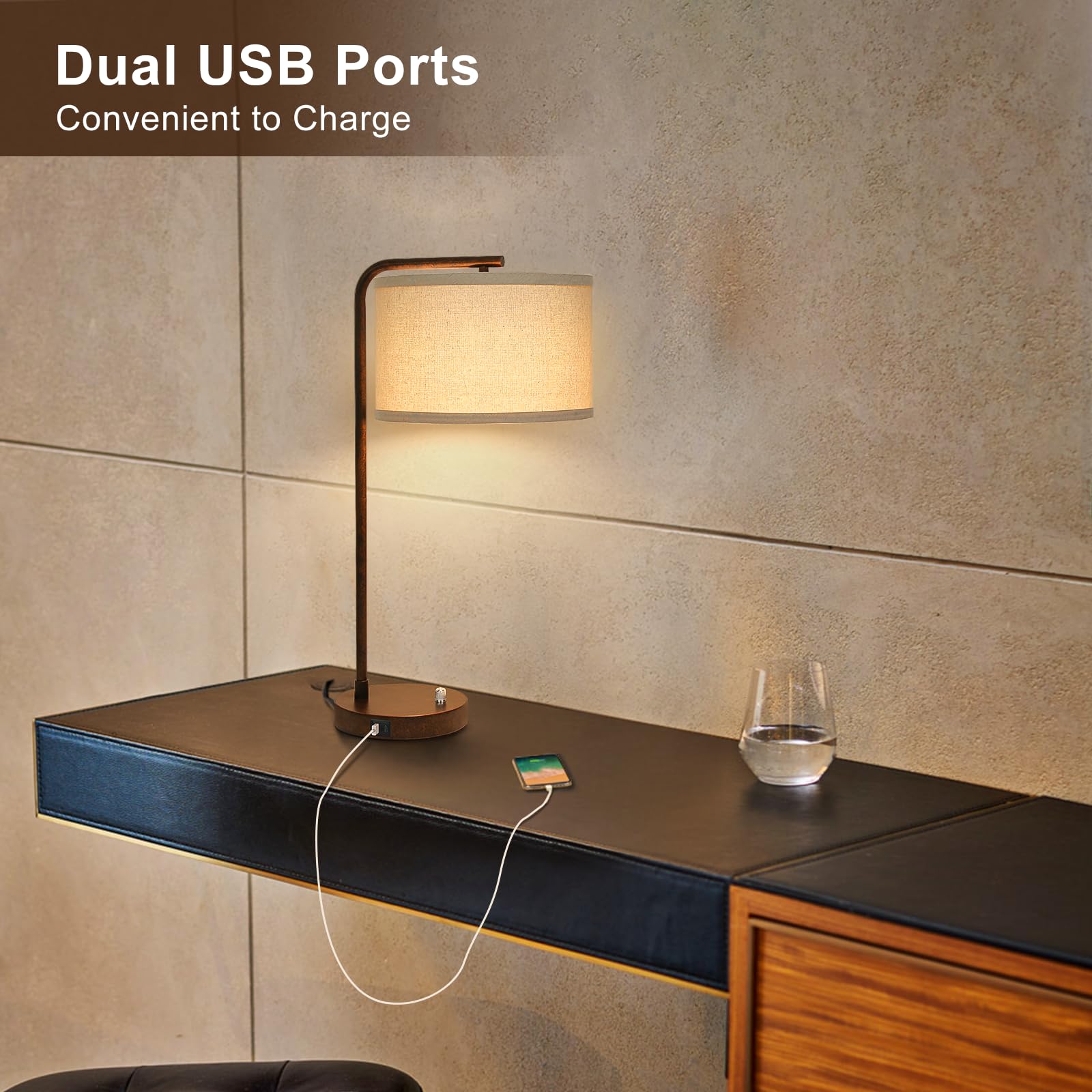 Table Lamps Set of 2, Fully Dimmable Bedside Lamp with USB C+A Charging Ports, Modern Nightstand Lamps with Linen Fabric Shades, Tall Desk Lamp for Bedroom, Living Room, Office, LED Bulb Included