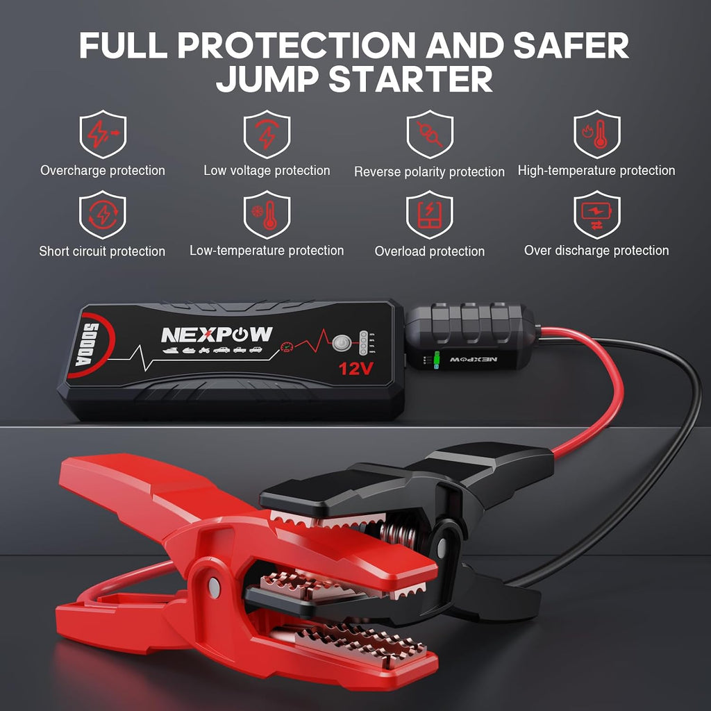 NEXPOW Car Jump Starter,Car Battery Jump Starter Pack 5000A Peak Q12 for All Gas and Up to10.0L Diesel Engine 12V Auto Battery Booster,Jumper Cables,Portable Jump Box with LED Light/USB QC3.0