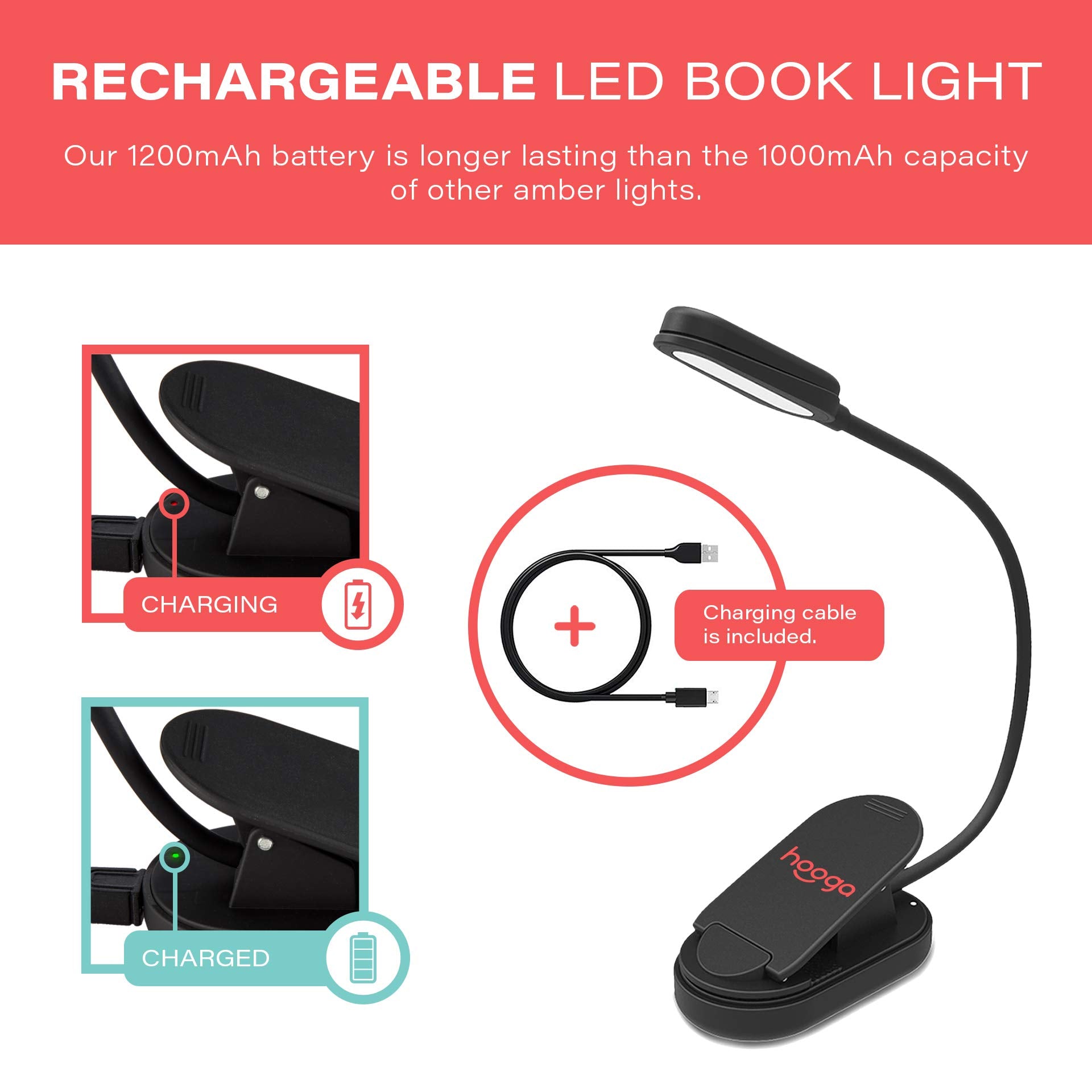 hooga Red Book Light, Rechargeable Clip On 625nm LED Light for Reading in Bed. No Blue Light Emitted, Eye Care Light for Strain-Free, Healthy Eyes. Gift for Students, Kids, Travel, Nursing, Studying.