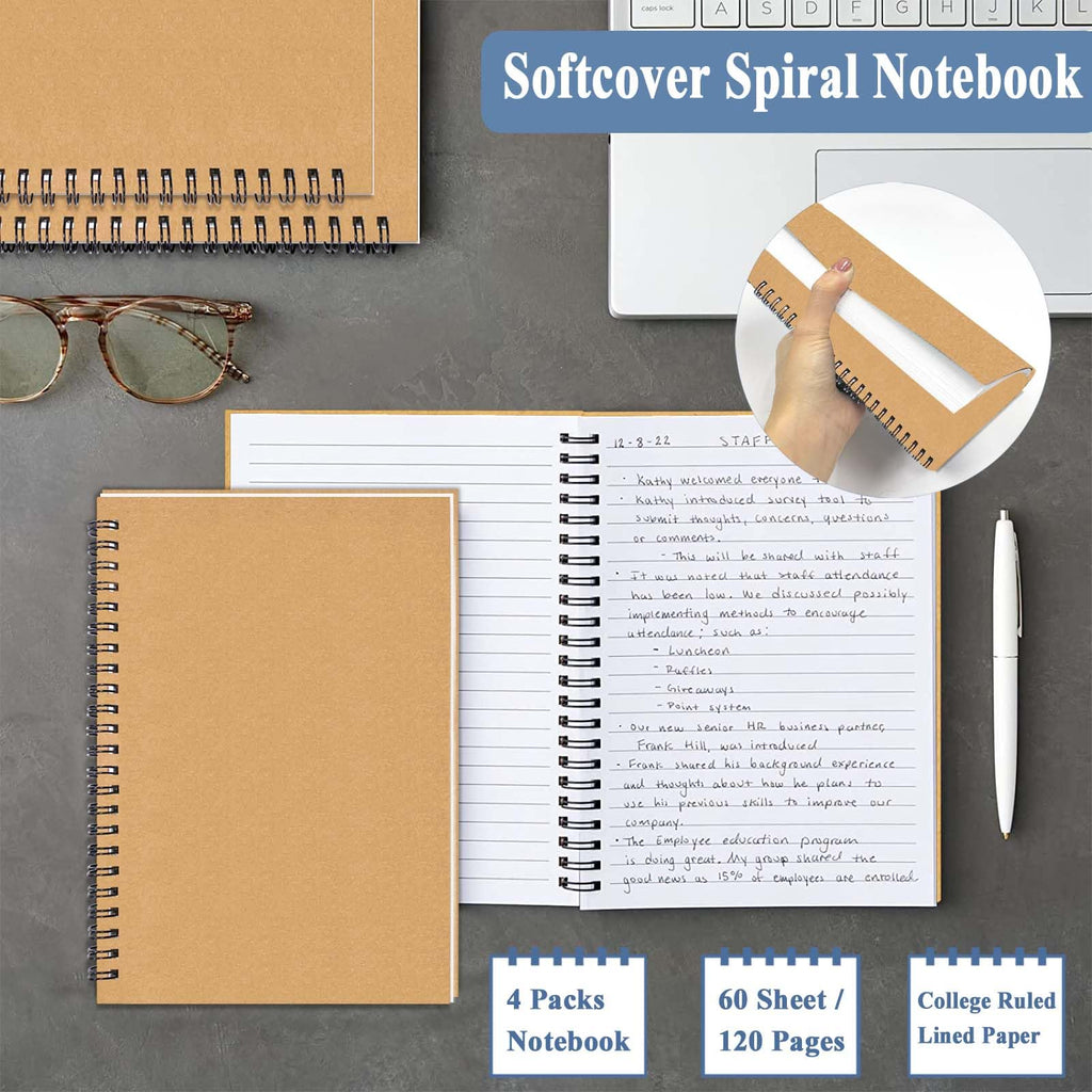 4Pack Small Spiral Notebook A5, 8.25x5.5” 120 Lined Pages Black & Red Wide Ruled Spiral Journal Bulk Blank Kraft Cover Spiral Bound Notebook & Writing Pads for Home Office Meeting Work Note Taking