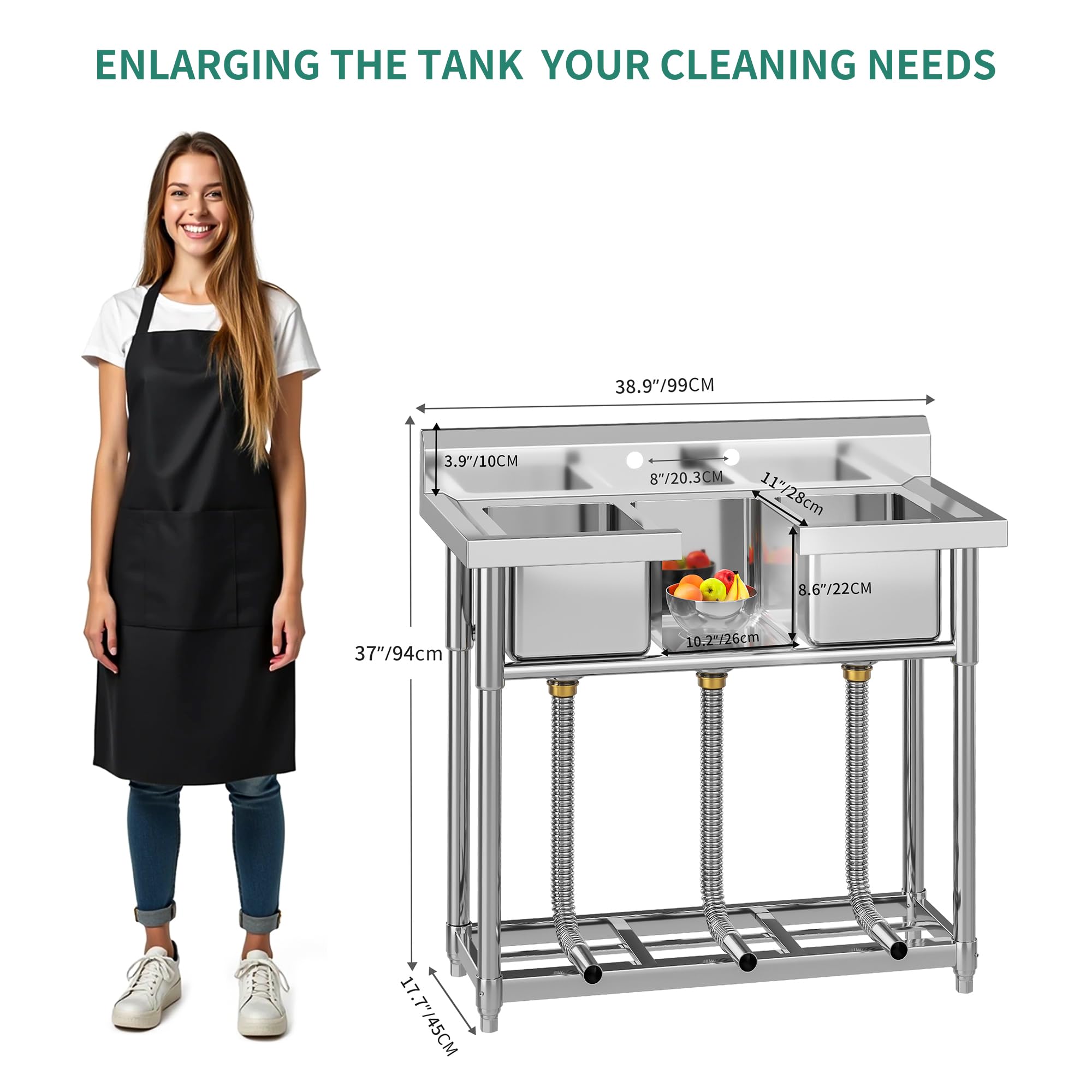 YITAHOME Freestanding Commercial 3 Bay Kitchen Under bar Sink NSF Stainless Steel 3 Compartment Bowl Outdoor Sink with Storage Shelve, Backsplash for Restaurant, Food Truck & Home (39"x 18"x 37")