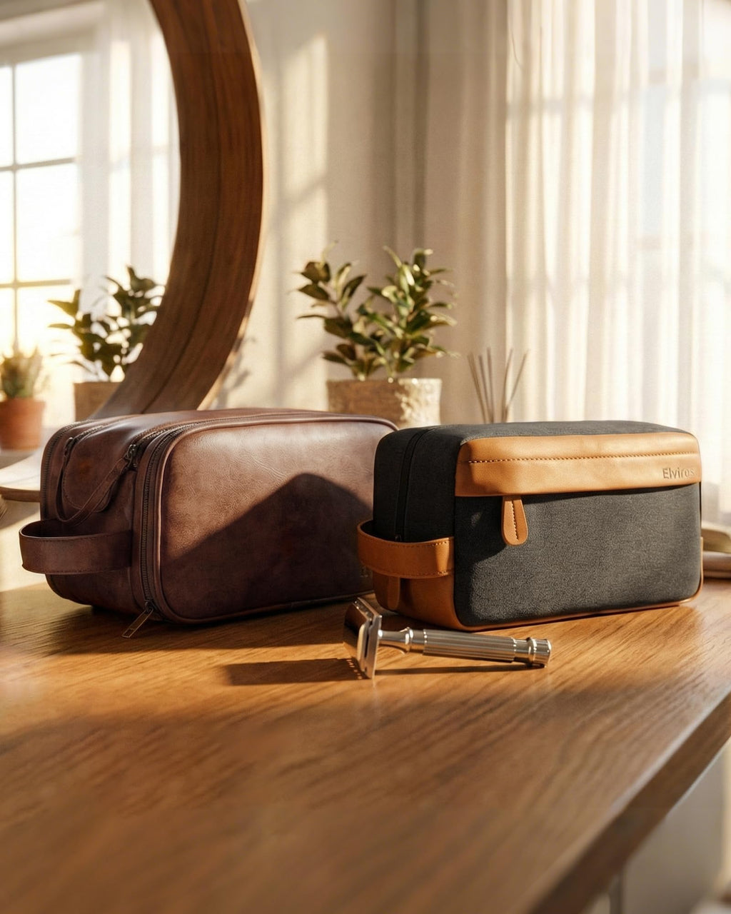 Elviros Travel Toiletry Bag for Men, Shaving Dopp Kit Water-resistant Bathroom Small Toiletries Organizer PU Leather Cosmetic Bags