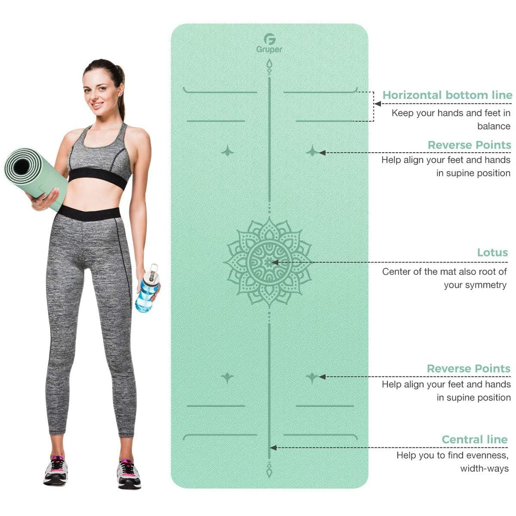Gruper Yoga Mat Non Slip TPE Extra Wide Yoga Mat with Alignment Mark, 72"L x 32"W x 0.32"/0.24"Th (183cm x 80cm x 8mm/6mm), Anti-Tear Exercise Mat with Carrying Strap and Bag, Workout Mats for Yoga, Pilates