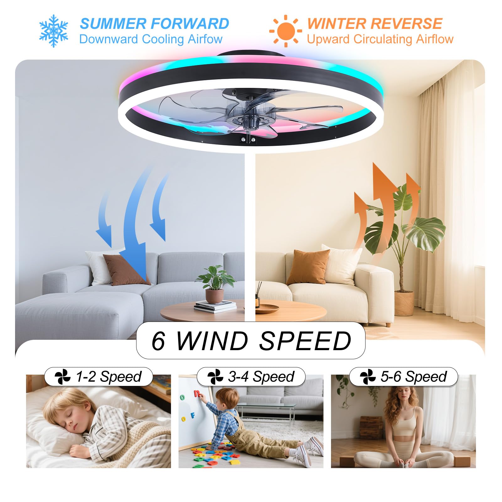 16 Inch RGB Low Profile Ceiling Fans with Lights, Modern Flush Mount Fandelier Chandelier Fixture, Remote & APP Control, Black LED Ceiling Fan Light for Bedroom, Living Room, Kitchen Indoor