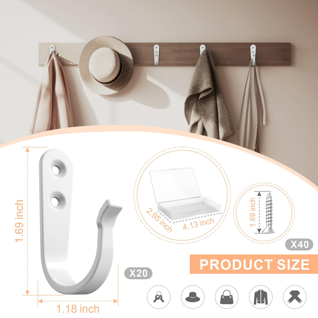 BREYDROK 20PCS Heavy Duty Metal Coat Hooks for Wall, Single Prong Hanging Hooks with 40 Screws for Towels, Backpacks, Hats & Dog Leashes