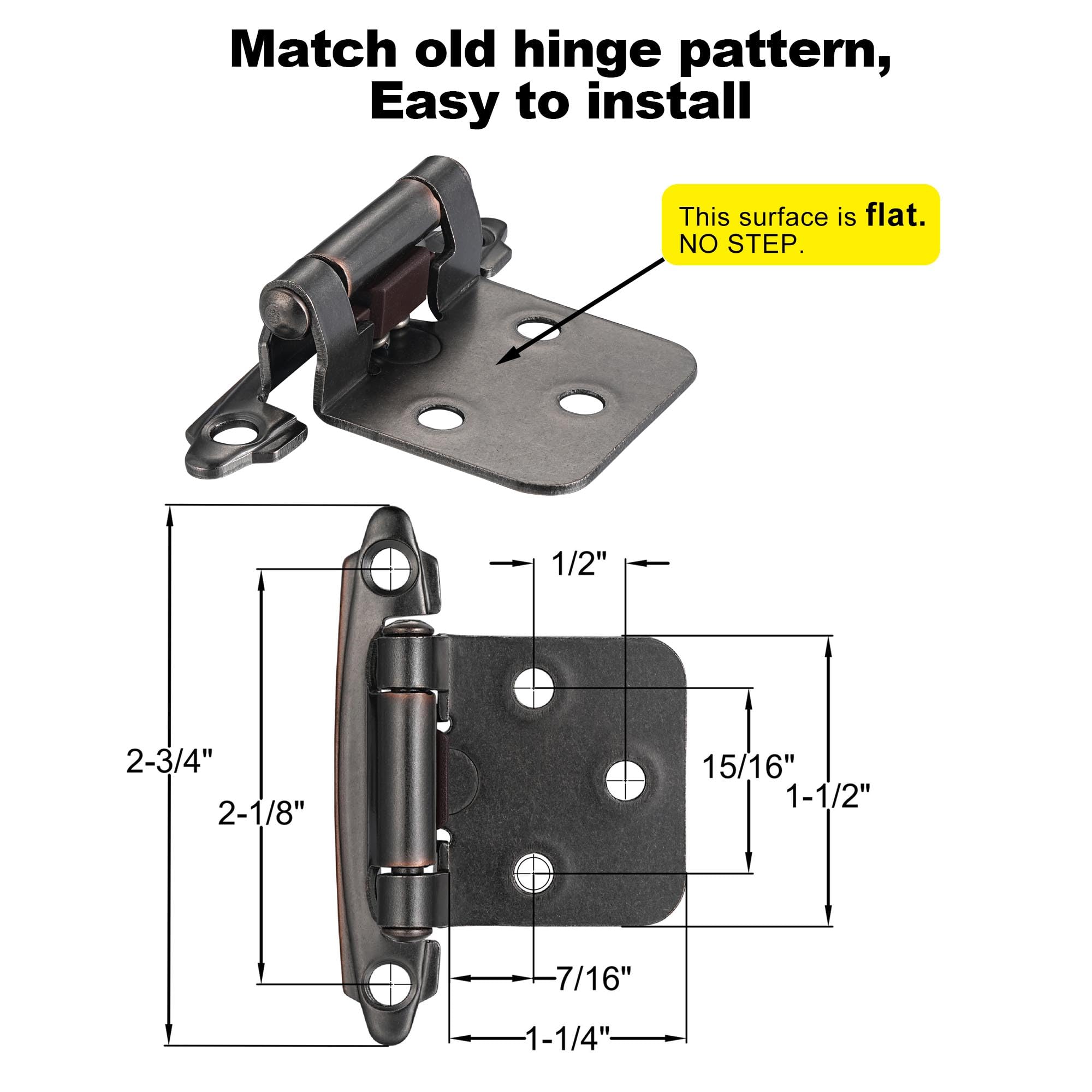 4 Pack (2 Pairs) Antique Brass Self Closing Cabinet Hinges for Kitchen Cabinet Door, 1/2" Overlay (Variable) Semi Concealed Kitchen Cabinet Hinges