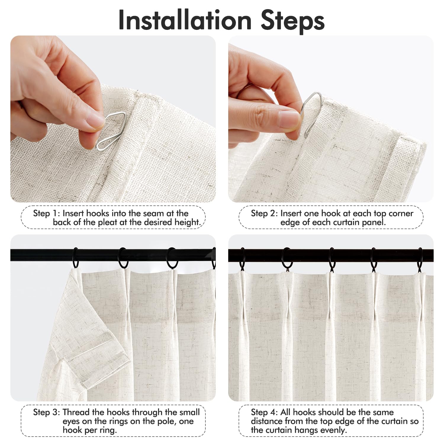 MIULEE Pinch Pleated Linen Curtains 84 Inches Long 2 Panels for Bedroom Living Room, Soft Thick Linen Textured Window Drapes Back Tab Hooks Semi Sheer Light Filtering Farmhouse，Beige