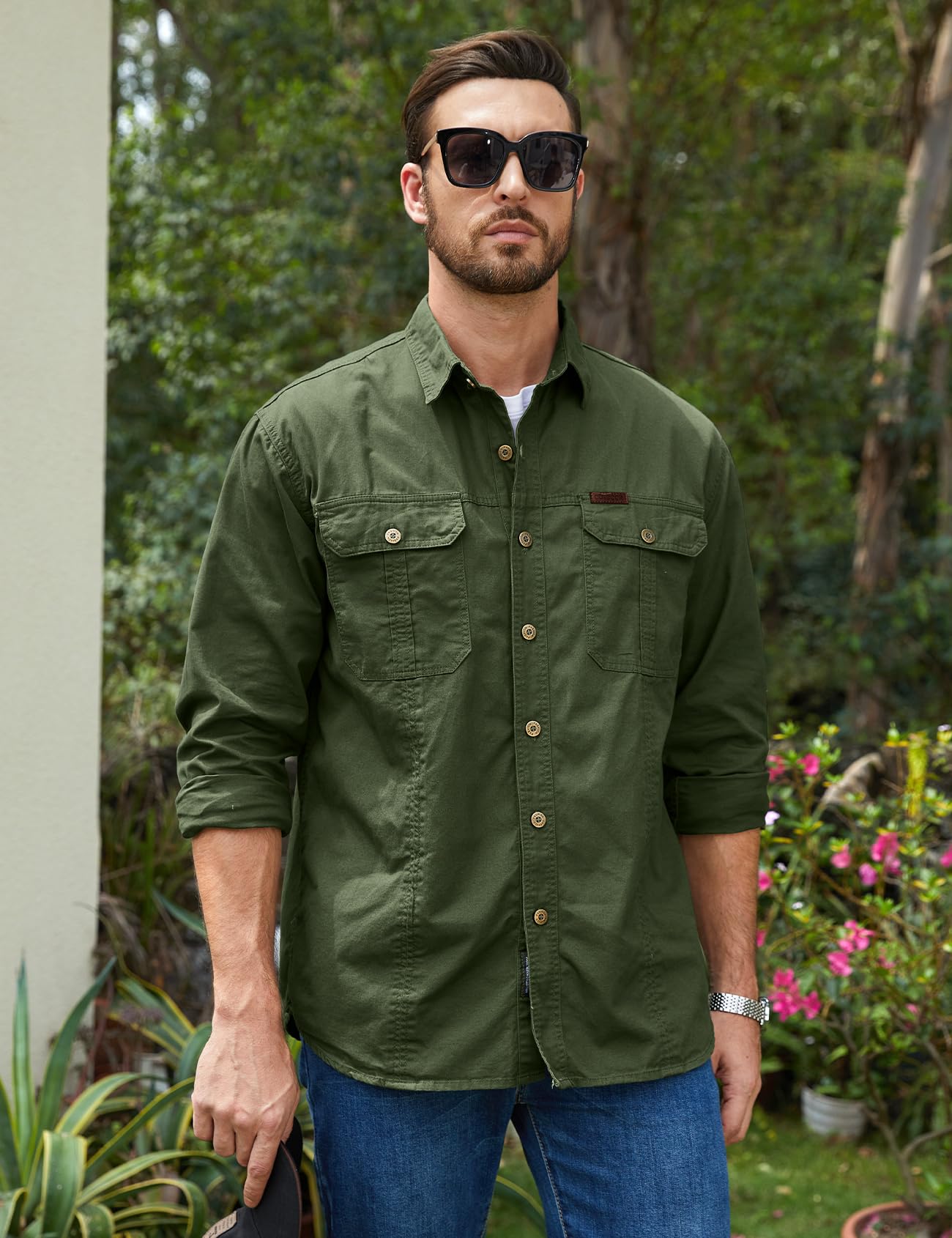 Eisctnd Men's Long Sleeve Cotton Work Shirt Casual Loose Fit Button Down Shirts with 2-Pocket for Outdoor Safari