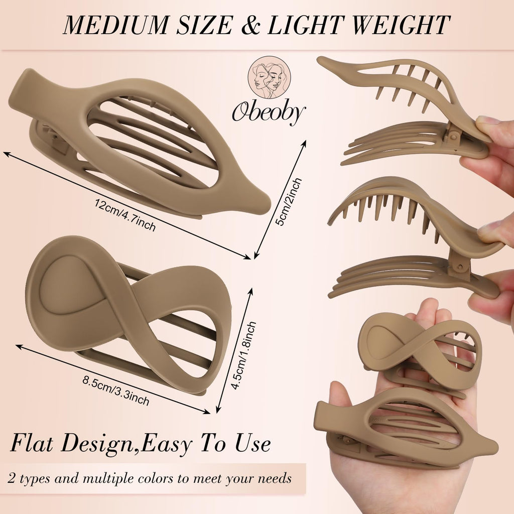 Obeoby 8 Pcs Flat Claw Clips for Women, Strong Hold French Flat Hair Clips for Thick Thin Hair Barrettes Accessories Round Large Medium (Tortoiseshell)