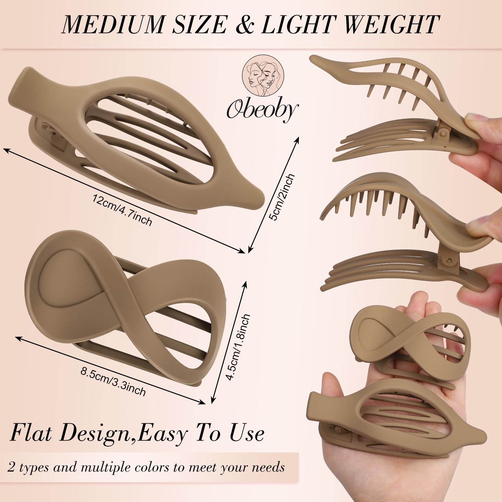 Obeoby 8 Pcs Flat Claw Clips for Women, Strong Hold French Flat Hair Clips for Thick Thin Hair Barrettes Accessories Round Large Medium (Tortoiseshell)