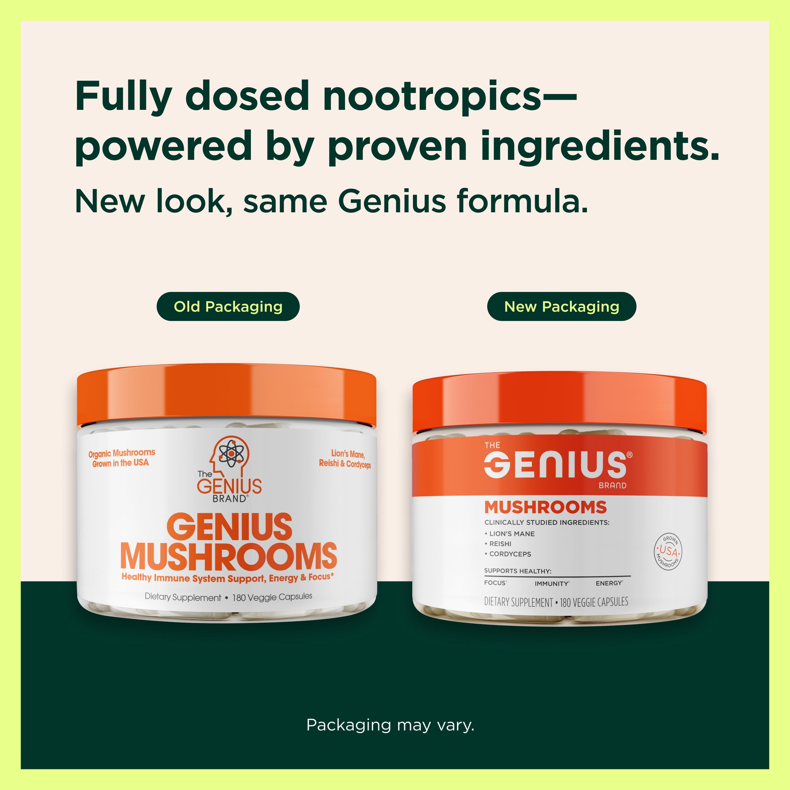 The Genius Brand Genius Mushrooms - Plant-Based Supplement for Immune, Focus & Energy Support - Lion's Mane, Cordyceps & Reishi - Organic & Non-GMO - 90 Veggie Capsules