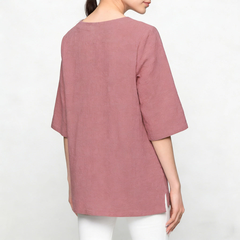 Minibee Women's 3/4 Sleeve Cotton Linen Jacquard Blouses Top T-Shirt