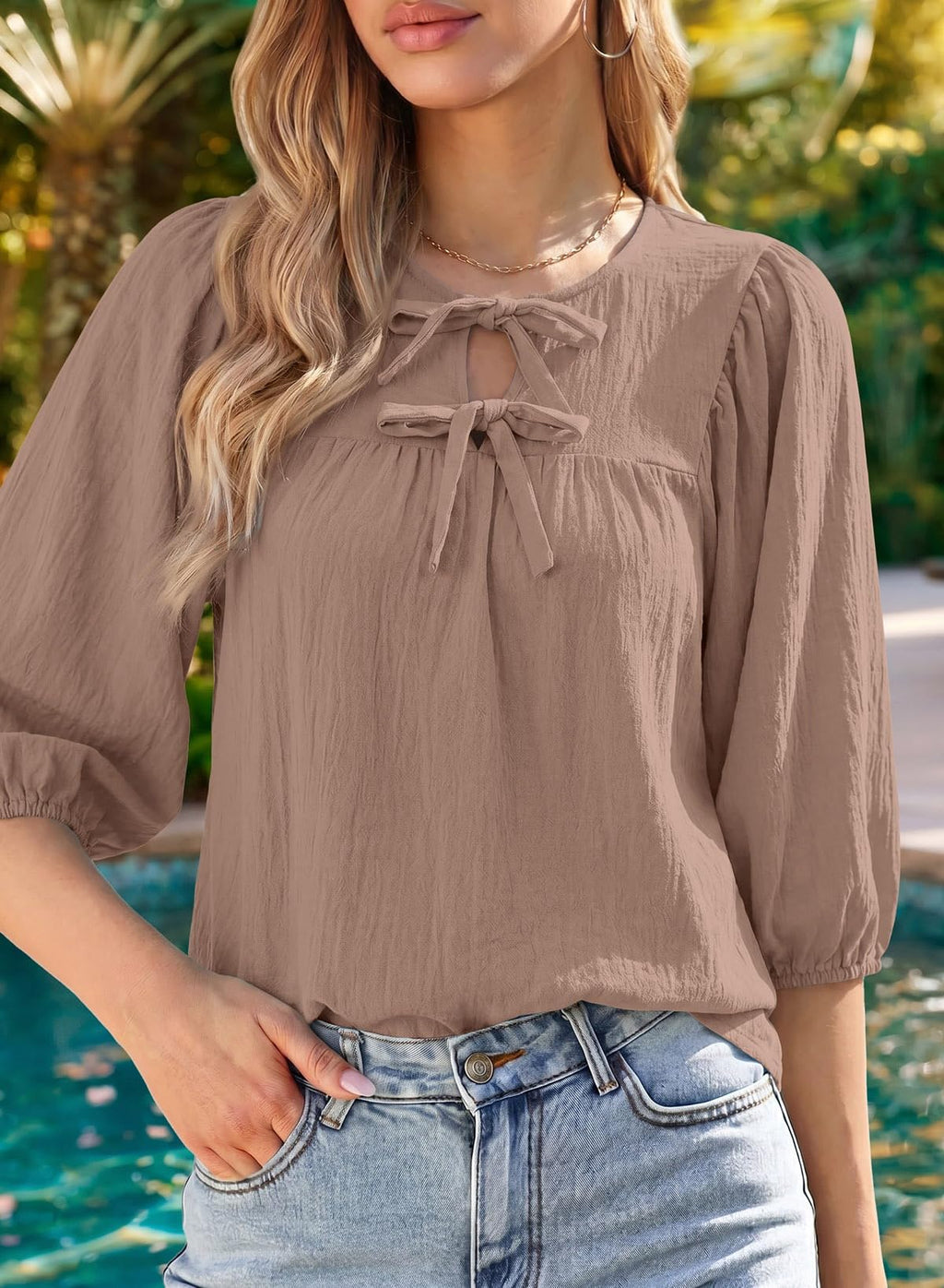 SHEWIN Womens Tops 3/4 Sleeves Blouse Babydoll Dressy Casual Top Elegant Bow Tie Loose Ladies Shirts 2026