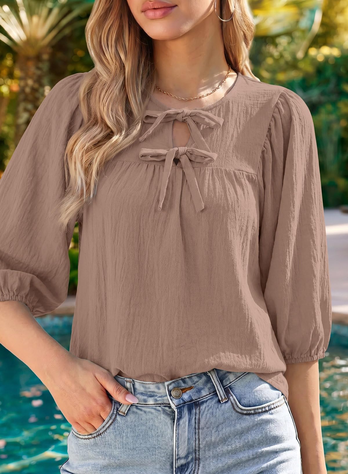 SHEWIN Womens Tops 3/4 Sleeves Blouse Babydoll Dressy Casual Top Elegant Bow Tie Loose Ladies Shirts 2026