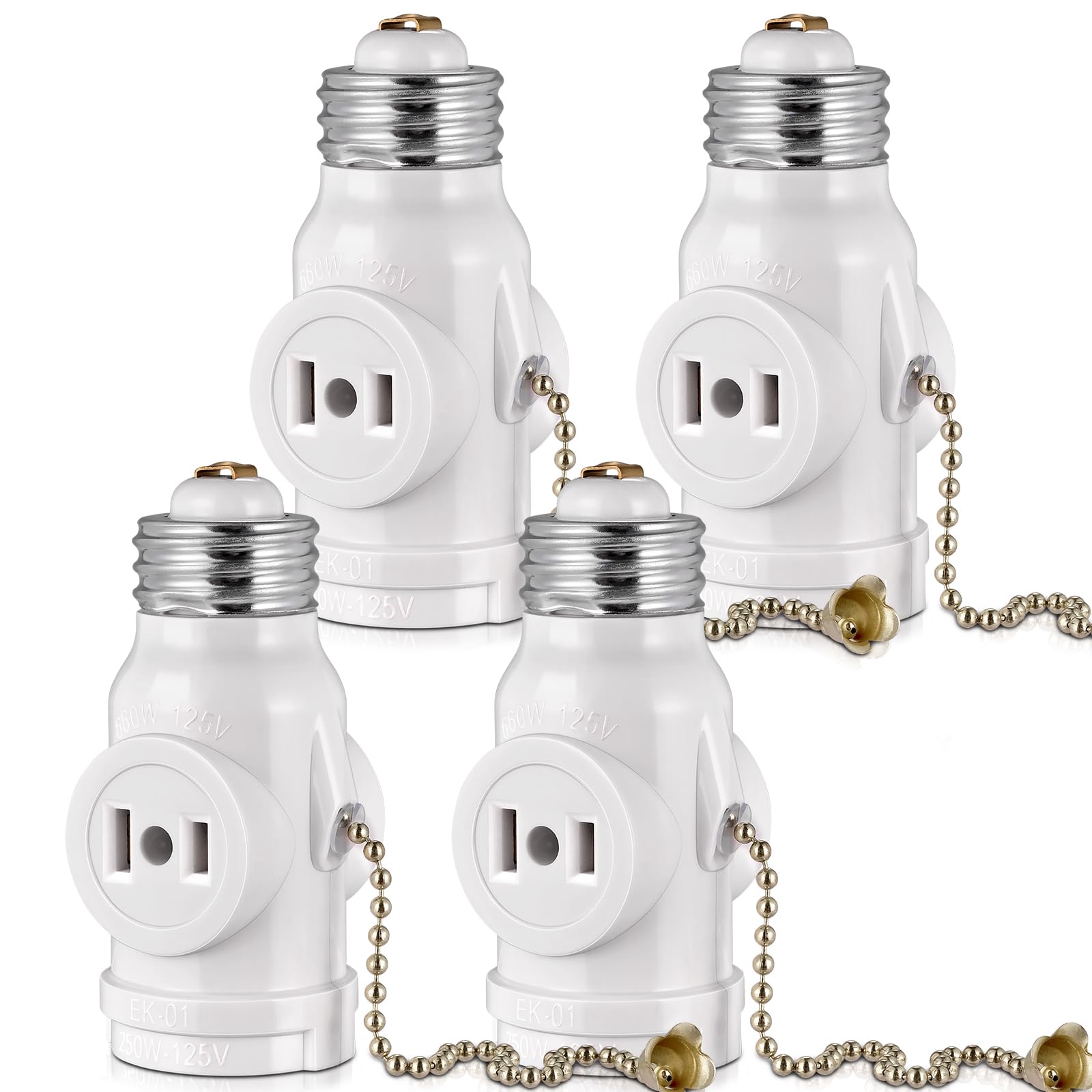 2-Pack E26 Light Socket Adapter - Converts Medium Screw Socket to Two Outlets With Pull Chain Switch - UL Listed, White
