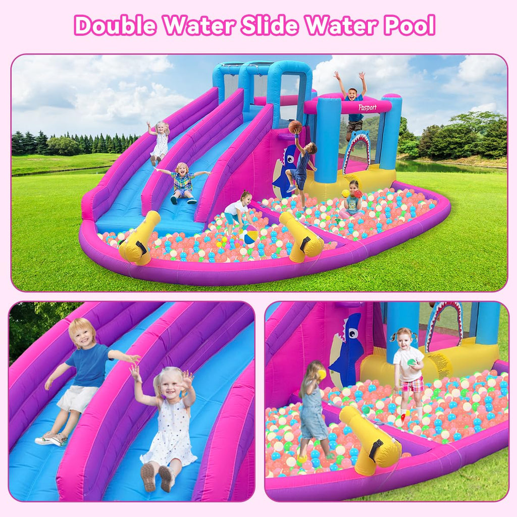 FBSPORT Inflatable Bounce House Double Slide,Water Slide Park Bounce House with Ball Pit,Water Cannon, Climbing Wall, Kids Bouncy Castle with 550W Air Blower for Backyard, Outdoor, Indoor