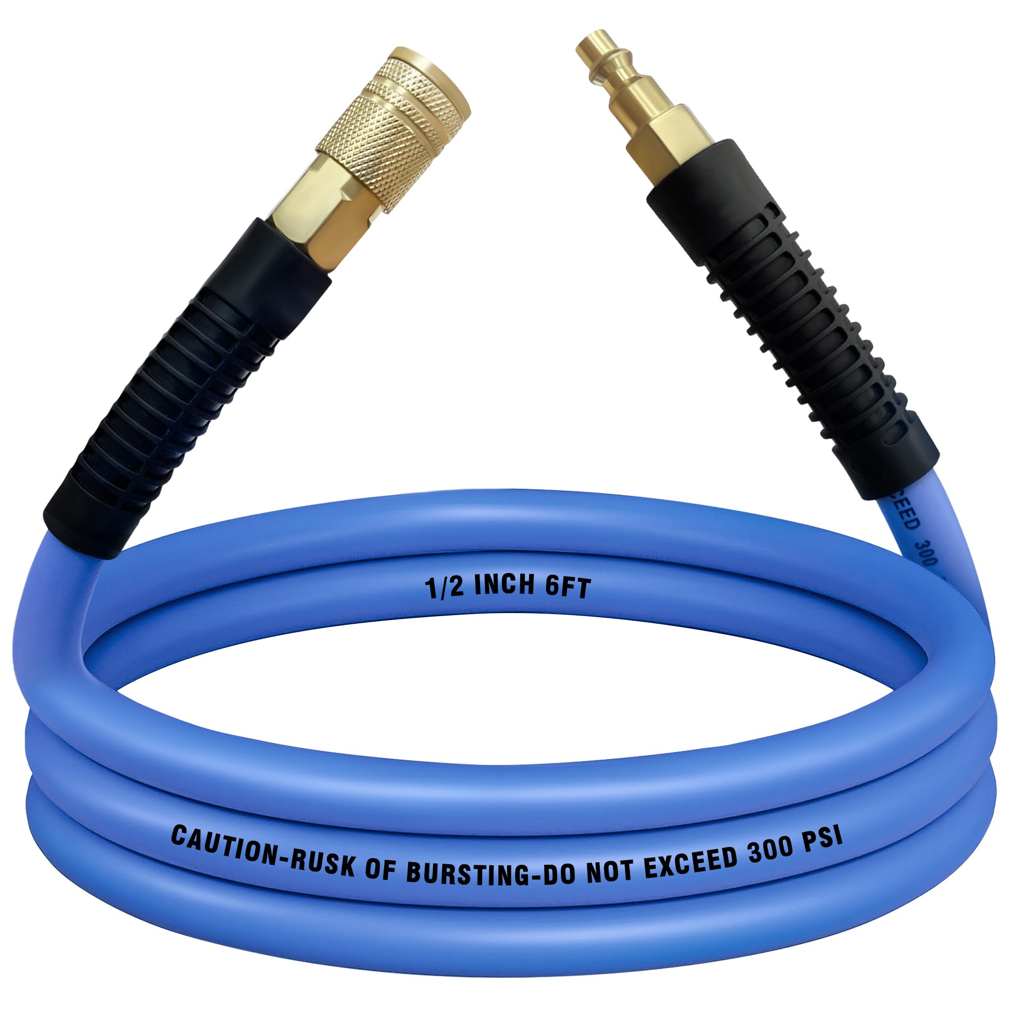 Air Compressor Hose 1/2 in, 300 PSI Heavy Duty Hybrid Air Hose with Quick Coupler and Plug Kit, Lightweight, Kink Resistant, All Weather Flexibility with Bend Restrictors, 6 Feet