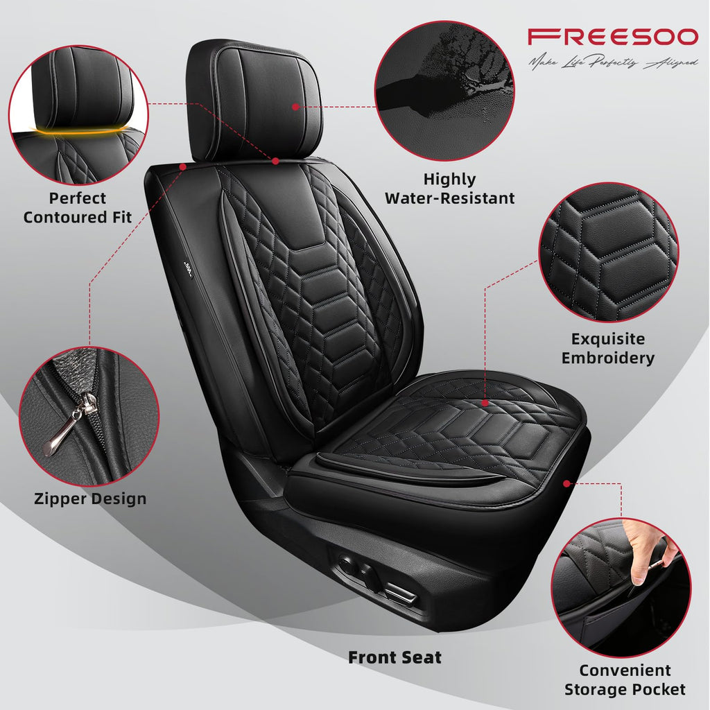 FREESOO Tundra Seat Covers 2007-2013, Fit for Toyota Tundra Crewmax Cab 5 Seats, Custom Truck Seat Covers with Waterproof Faux Leather Black