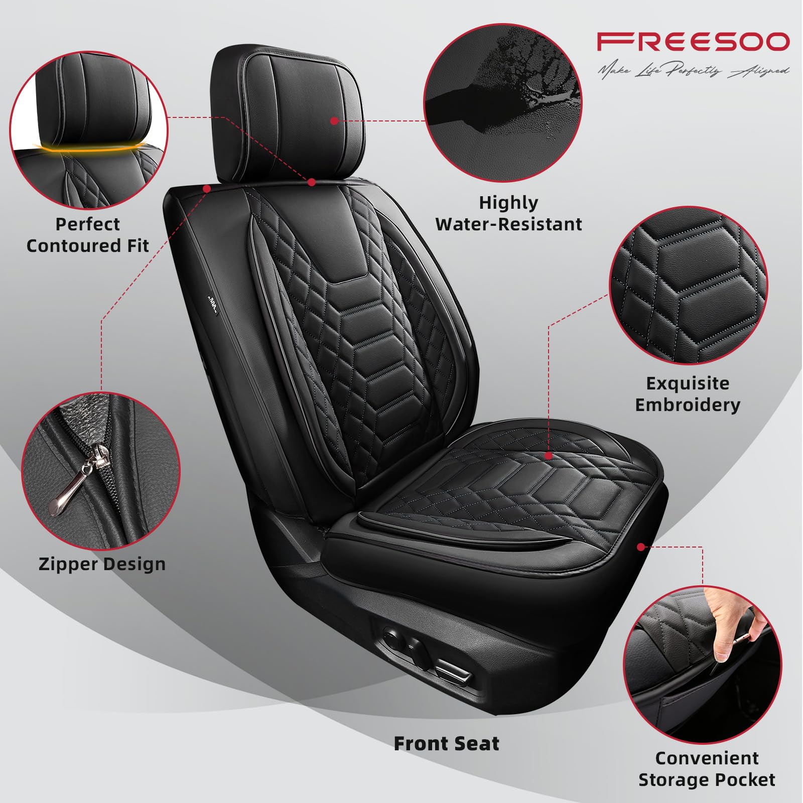 FREESOO Tundra Seat Covers 2007-2013, Fit for Toyota Tundra Crewmax Cab 5 Seats, Custom Truck Seat Covers with Waterproof Faux Leather Black
