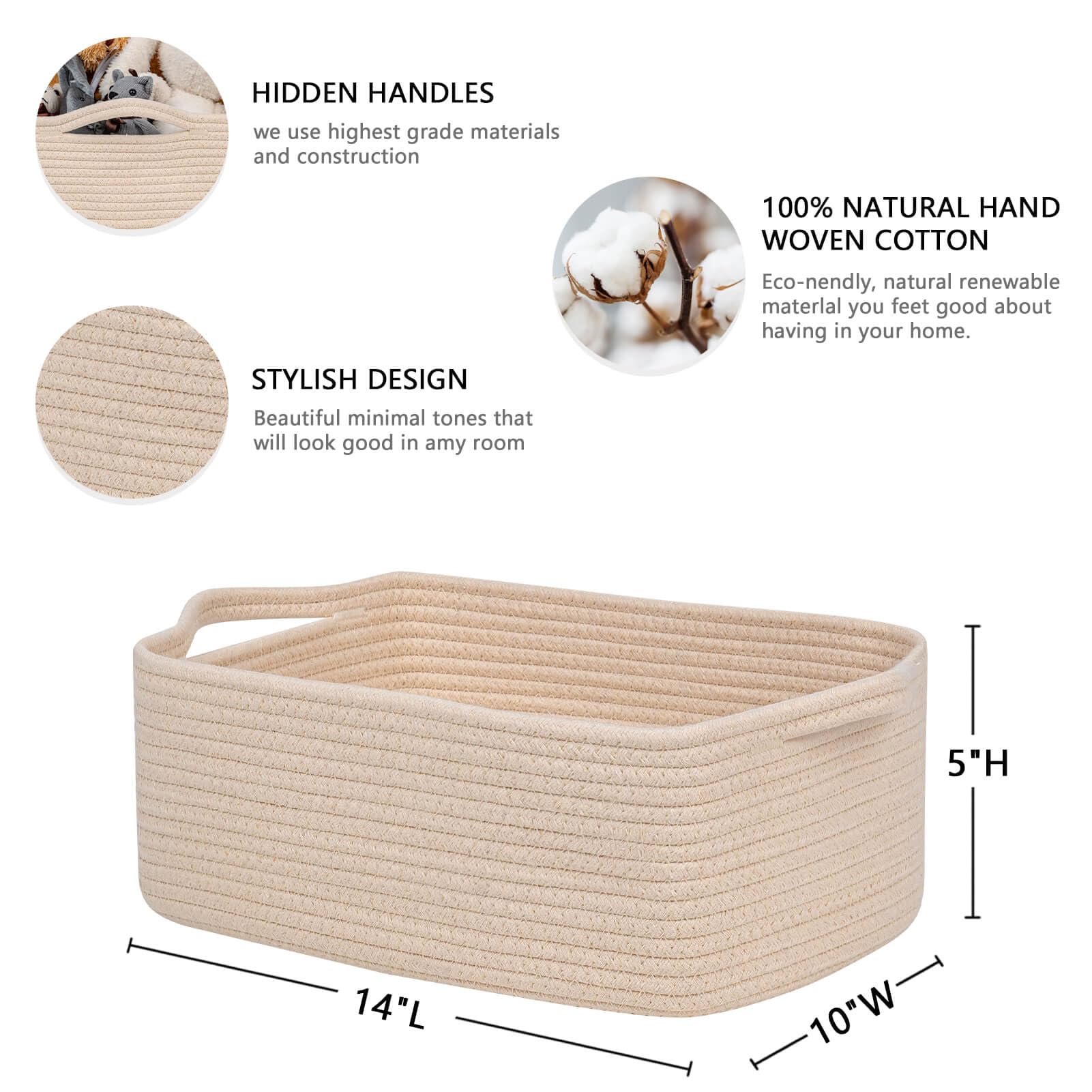 CubesLand Rectangular Cotton Rope Basket, 14x10x5 Inches, Beige, Nursery Storage Bin