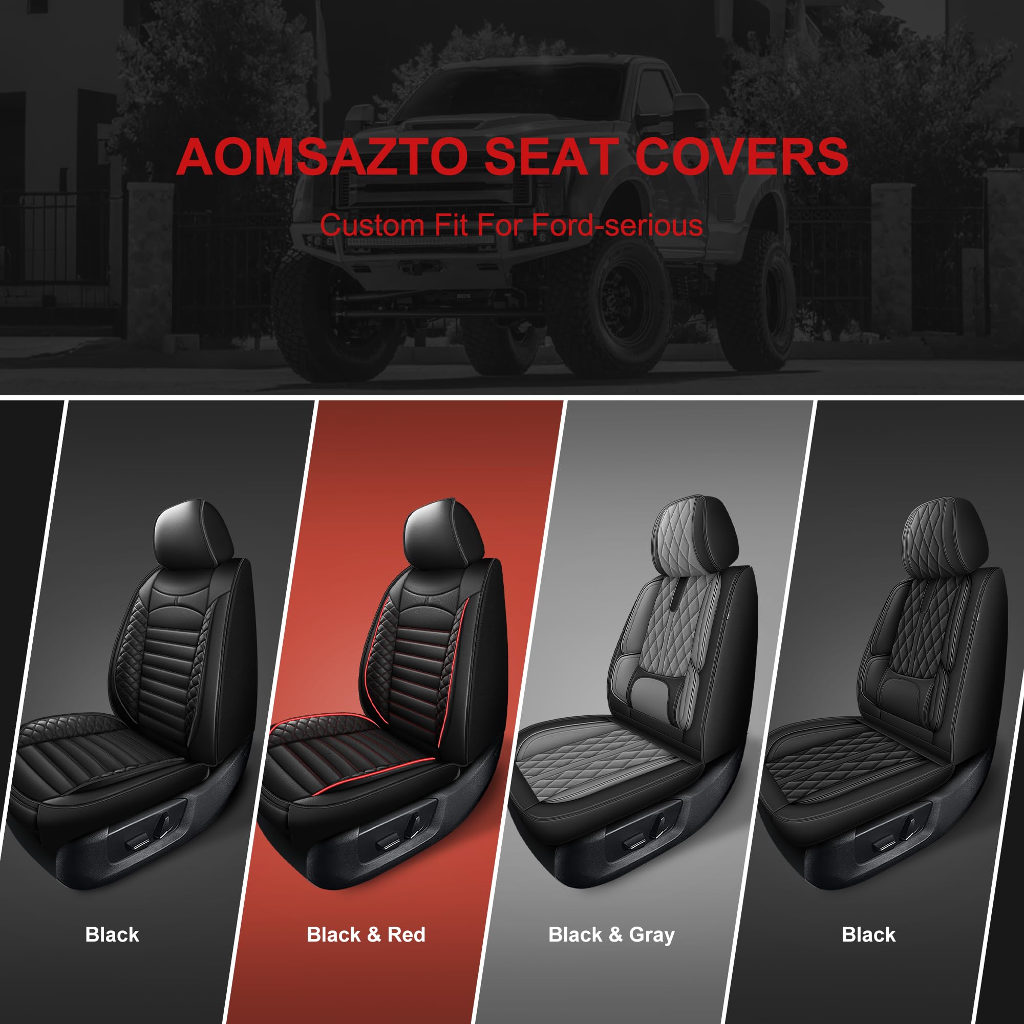AOMSAZTO Seat Covers Fit for Ford F150 : 2009-2024 2025 2026 - F250/F350/F450 2017-2024 2025 2026 Truck Pick-up Front Car Seat Covers Faux Leather(Blackline, 2PCS Front)