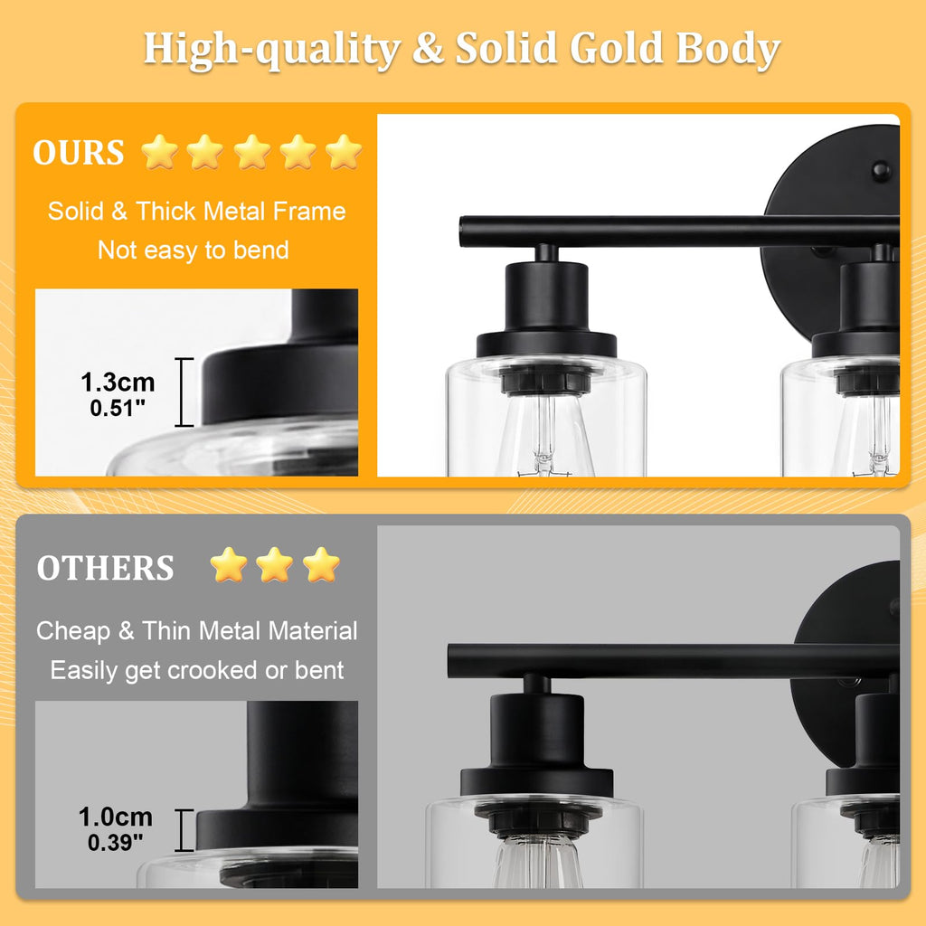 Unicozin 2 Pack Modern Bathroom Light Fixtures, 3 Light Vanity Lights, Black Wall Lamp with Clear Glass for Bathroom, Mirror, Living Room, Bedroom, Hallway, E26 Base