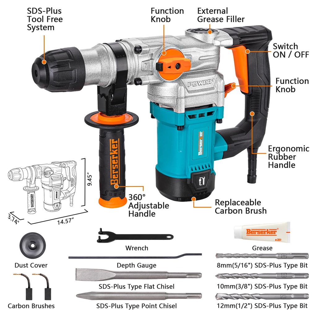 Berserker 1-1/8" SDS-Plus Rotary Hammer Drill with 1/2" Keyless Adapter | 1050W 9 Amp 3 Functions 9.5 lb. Corded Electric Safety Clutch Rotomartillo for Concrete Cement Masonry Drilling,Tile Removal