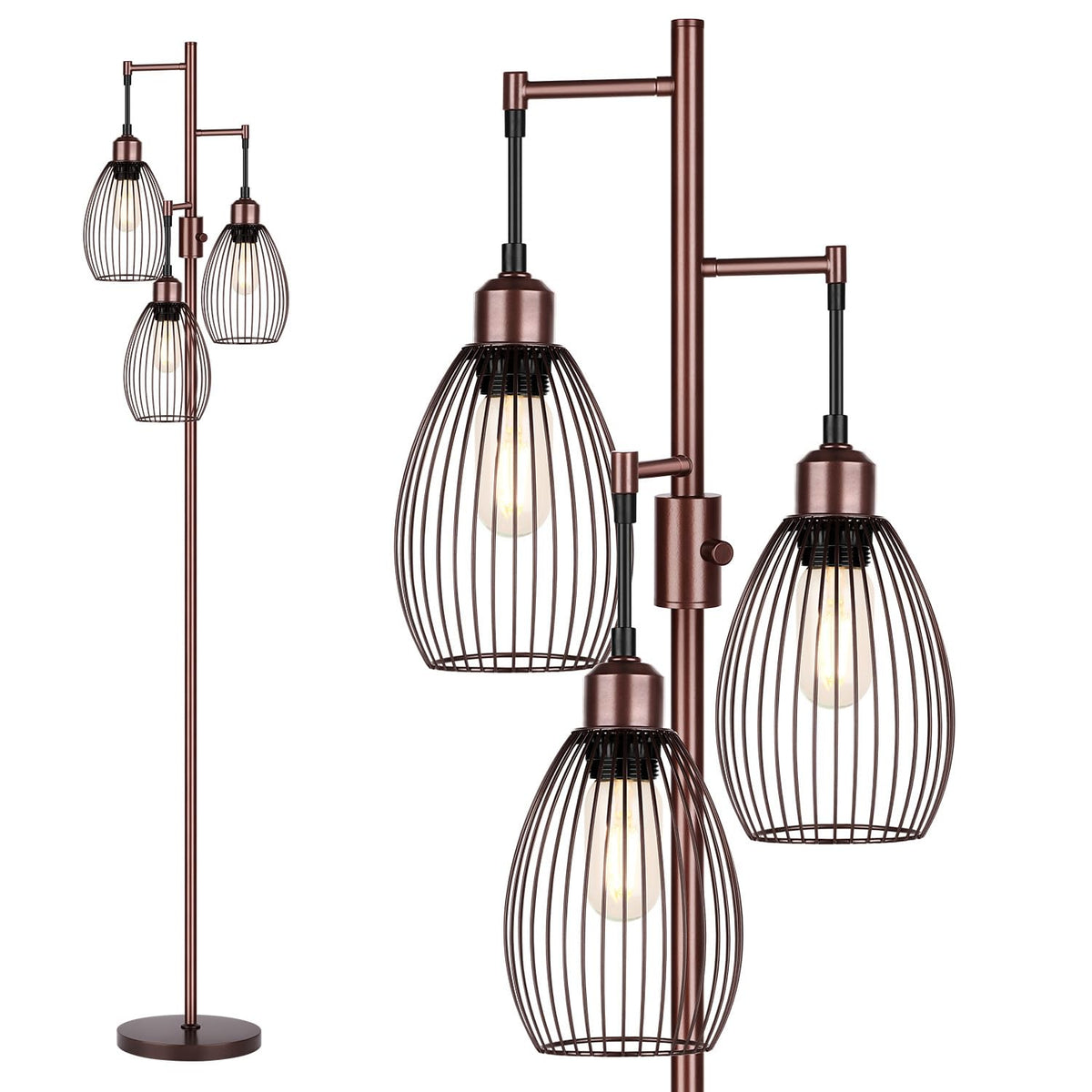 Dimmable Floor Lamp, 3 x 800LM LED Edison Bulbs Included, Farmhouse Industrial Floor Lamp Standing Tree Lamp with Elegant Teardrop Cage Tall Lamps for Living Room Bedroom Office Dining Room-Brass
