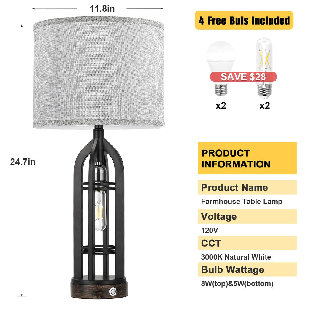 Seealle Table Lamp for Living Room Set of 2 - Wood-Like Bedside Lamp for Bedroom with USB C+A & Outlet, Farmhouse Lamps for Night Stands, 3-Way Dimmable Touch Lamps for Living Room