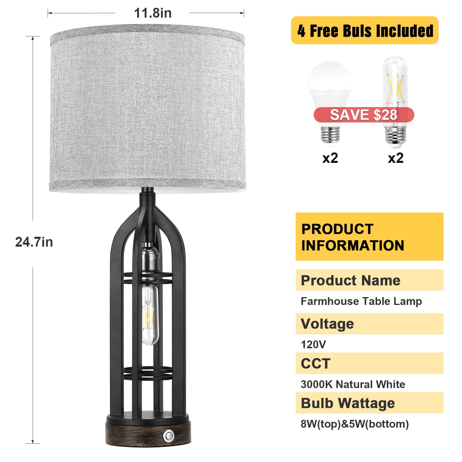 Seealle Table Lamp for Living Room Set of 2 - Wood-Like Bedside Lamp for Bedroom with USB C+A & Outlet, Farmhouse Lamps for Night Stands, 3-Way Dimmable Touch Lamps for Living Room