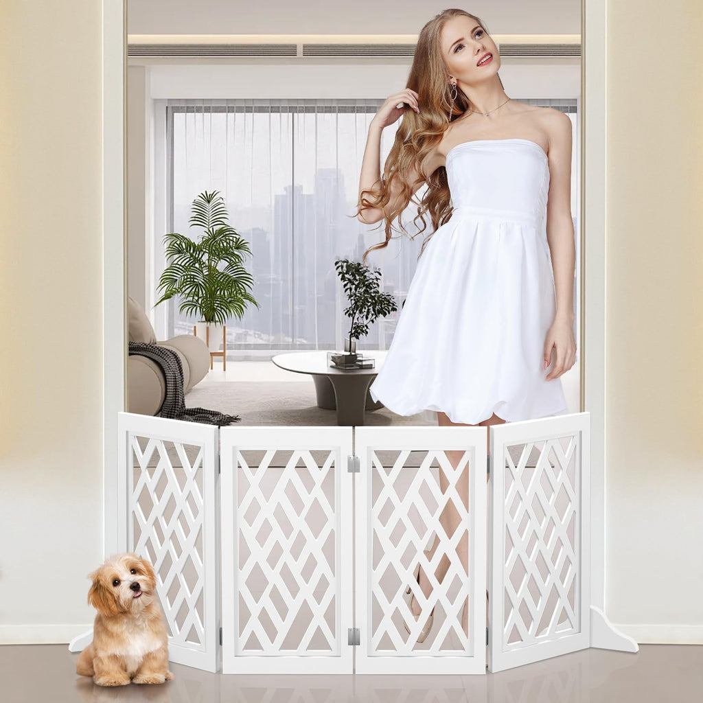 Cut-Out Design 16" Short Dog Gate for Small Dogs, Foldable Retractable Puppy Gate Indoor - Freestanding Lightweight Pet Barrier for Doorways, Stairs, Hallways (Extends to 35", White)