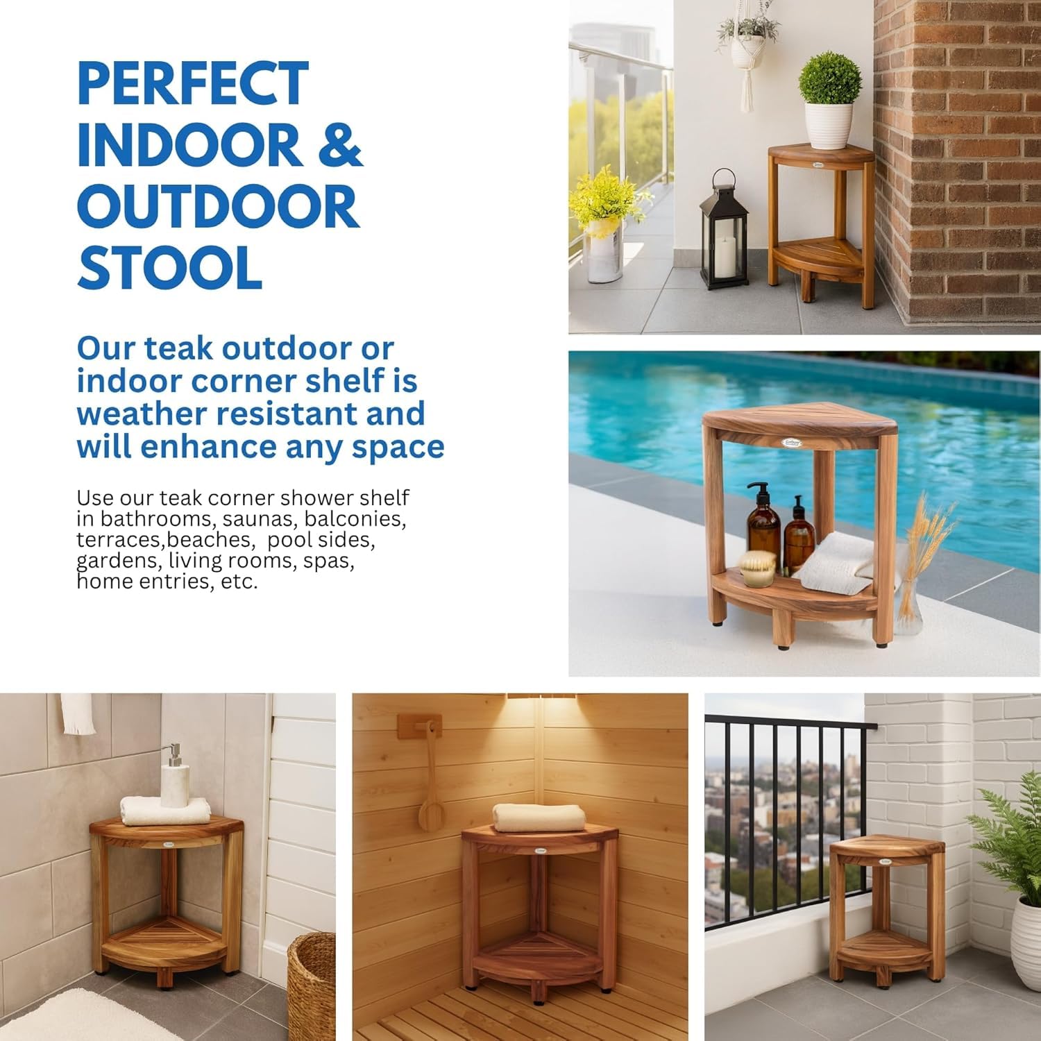 DecoTeak Teak Corner Shower Shelf – 2 Tier Waterproof Bathroom Storage Organizer Compact Wood Storage | Water-Resistant Design | Space Saver for Showers & Small Bathrooms | Shaving Foot Rest
