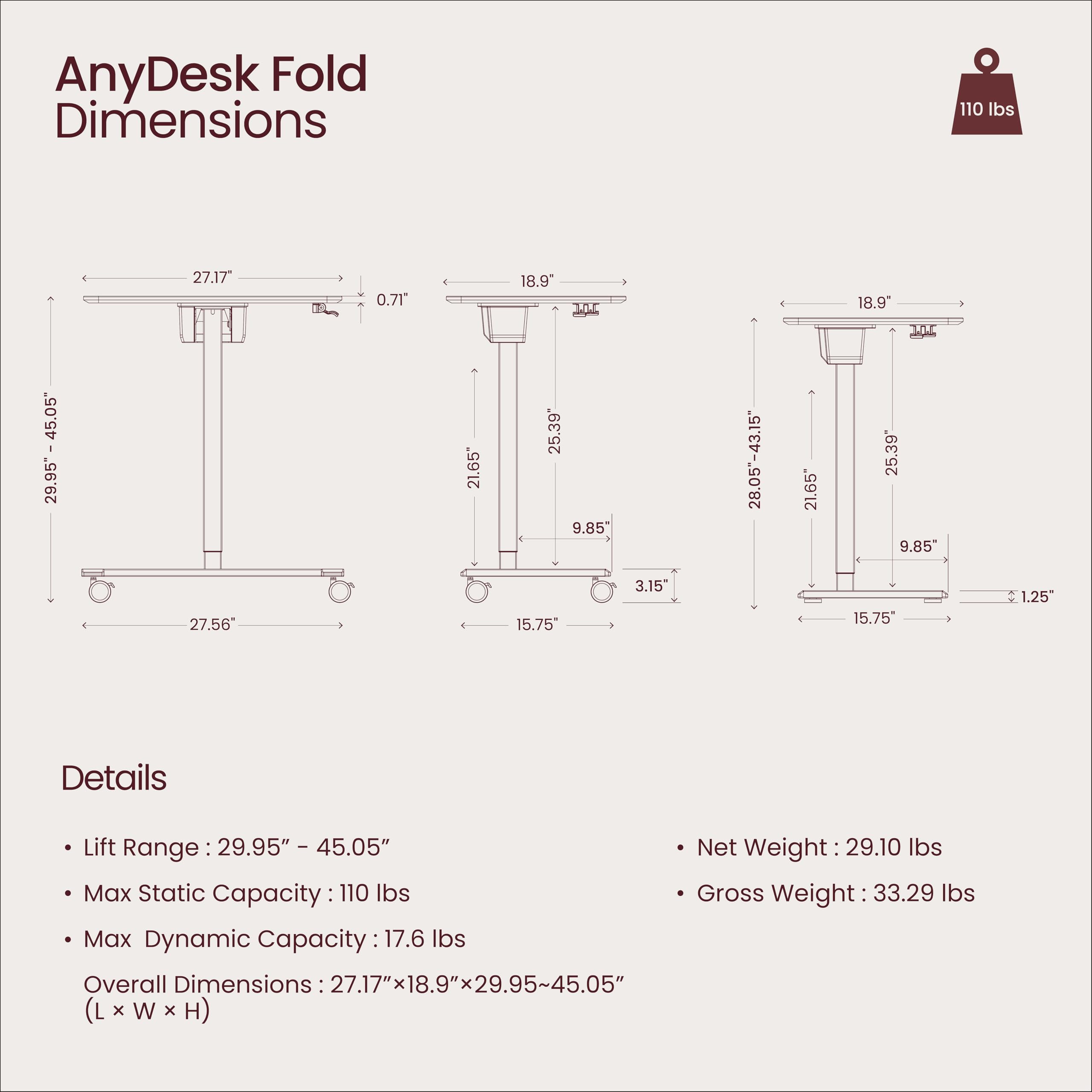 TopJob ANYDESK FOLD Mobile Standing Desk, Portable with Lockable Wheels, Foldable Stand Desk, Rolling Computer Workstations, Used for Home, Couch Side Table, Bedside Table in Bed Room Kitchen (Black)