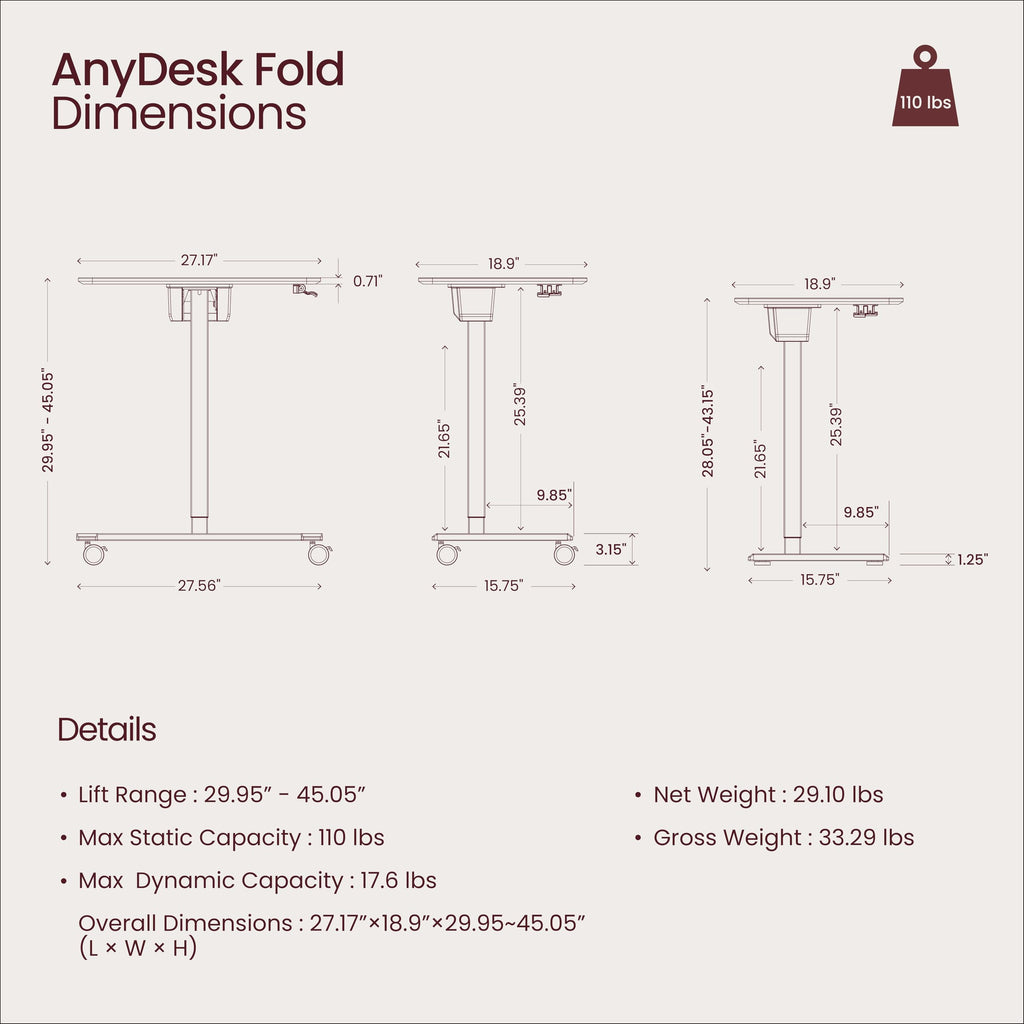 TopJob ANYDESK FOLD Mobile Standing Desk, Portable with Lockable Wheels, Foldable Stand Desk, Rolling Computer Workstations, Used for Home, Couch Side Table, Bedside Table in Bed Room Kitchen (Black)