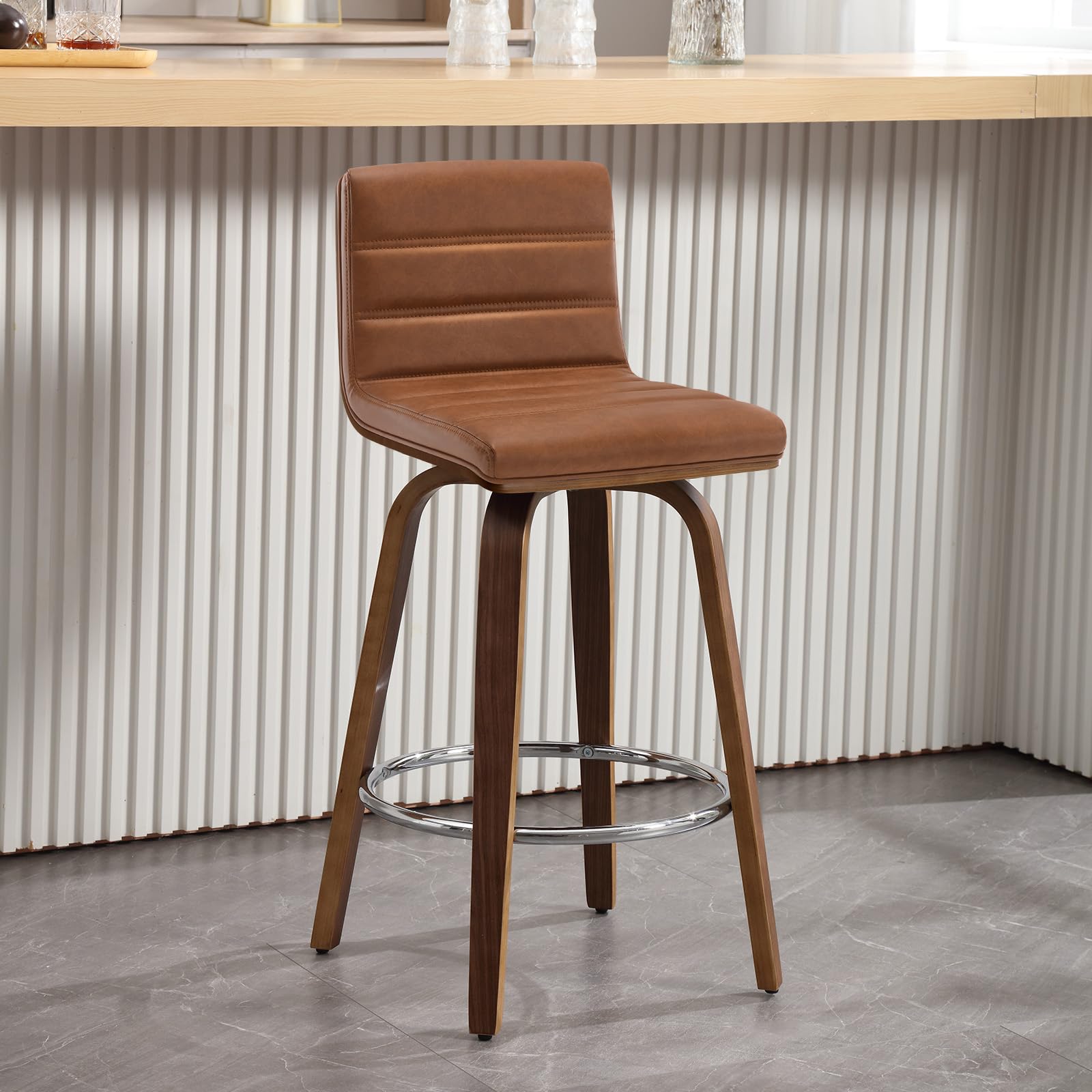 Bar Stools 29 Inch Bar Height, Swivel Bar Stools with Backs Upholstered PU Leather Barstool, L Shape Back and Padded Seat, Mid-Century Modern Bar Stool Pub Chairs for Kitchen Counter Island, Black