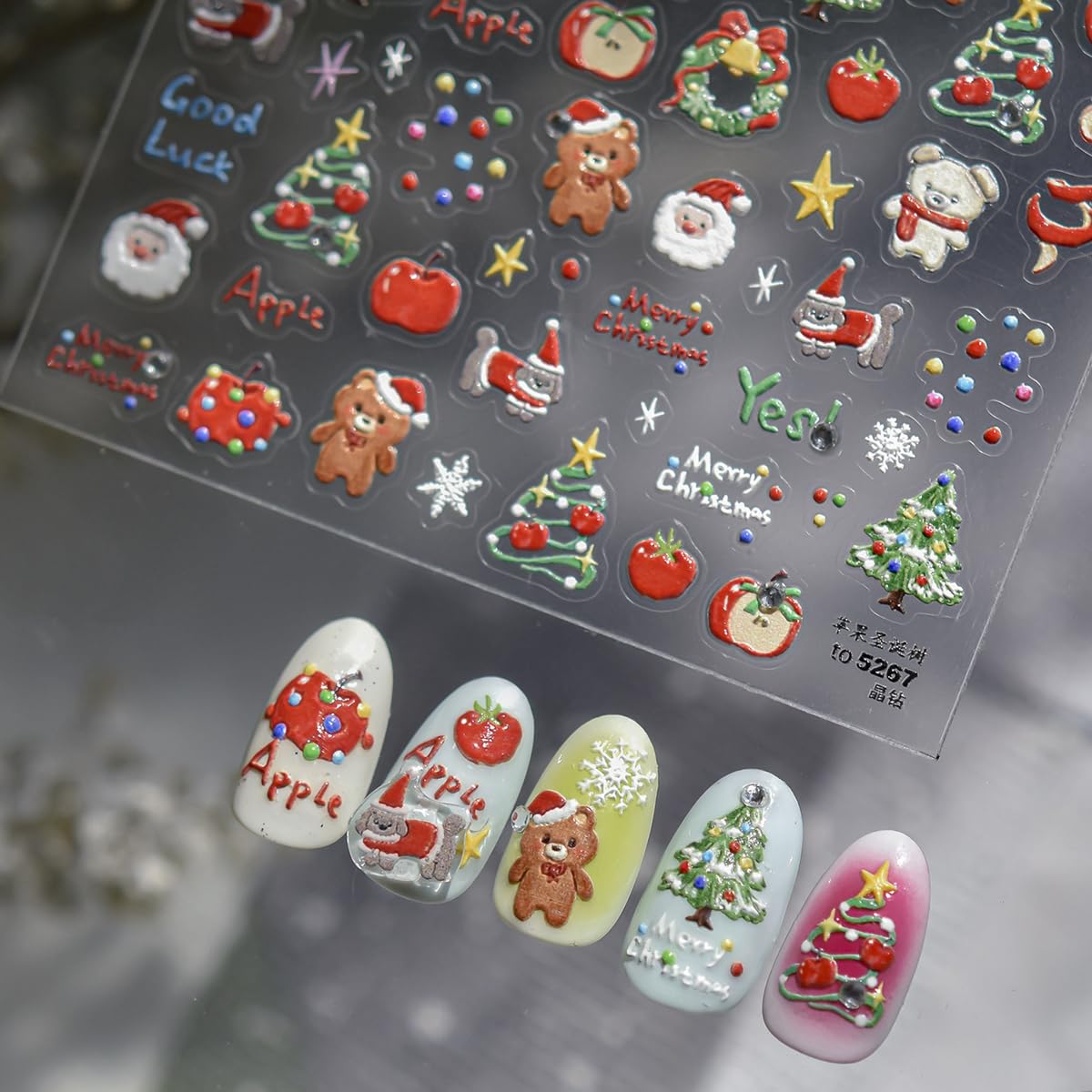 Christmas Nail Art Stickers Decals 5D Embossed Santa Claus Xmas Tree Nail Decals with Crystal 1PCS Cute Bear Bow Candy Cane Snowflake Christmas Nails Adhesive Stickers for Holiday Manicure Decorations