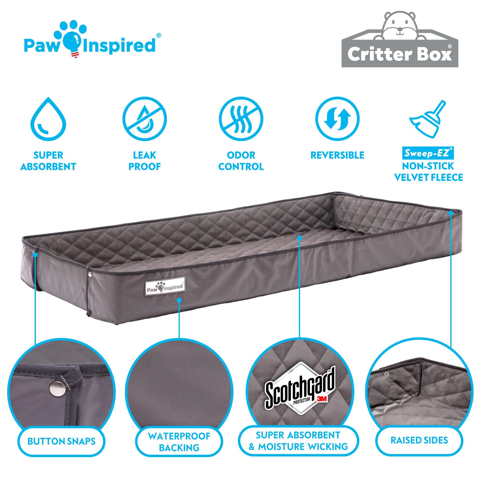 Paw Inspired Critter Box Washable Cage Liner with Raised Sides, Fleece Bedding with Waterproof Bottom, Edge Protected Pee Pads for Guinea Pigs, Rabbits, Hamsters, Small Animals (Midwest Size)